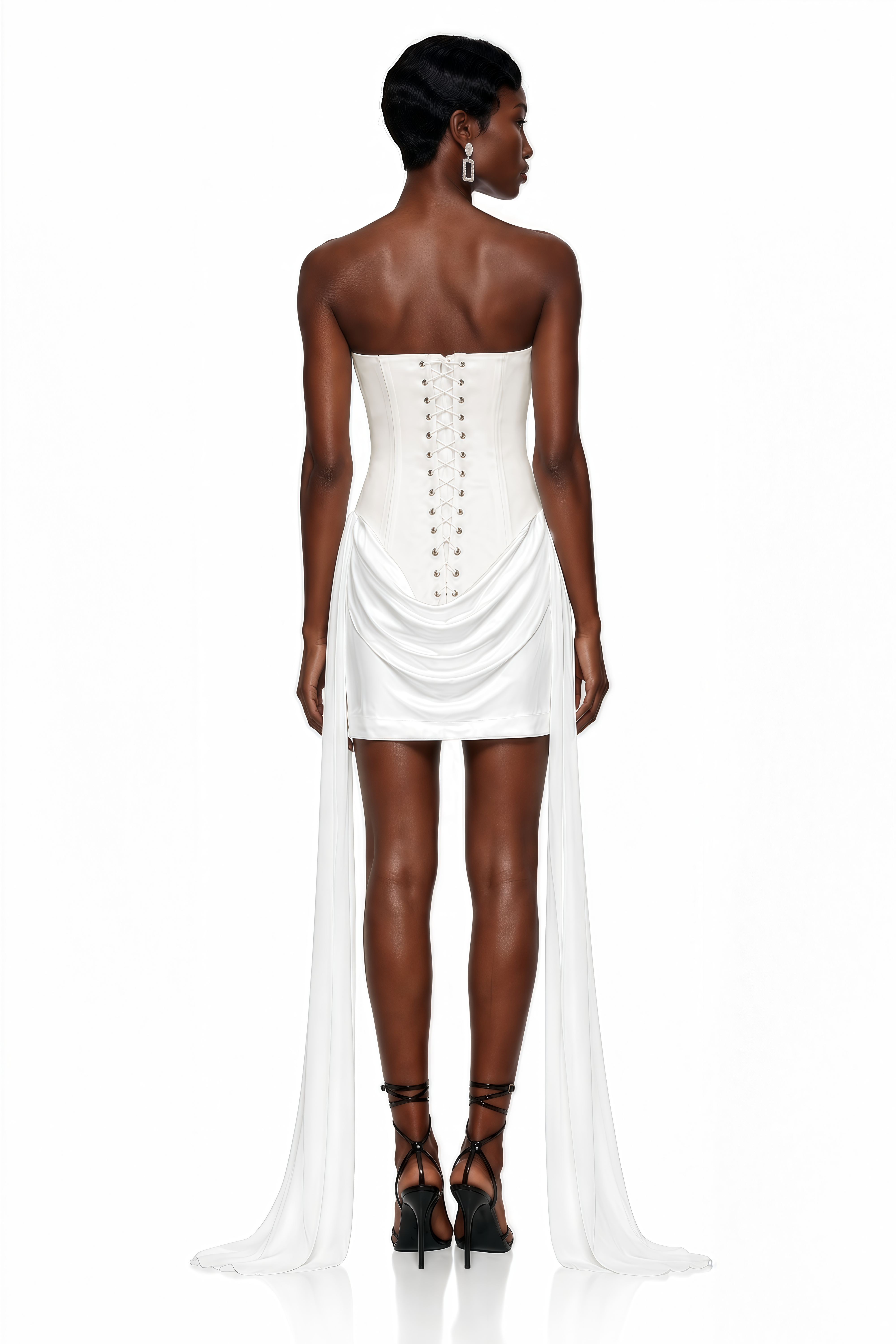 White strapless mini dress with an embroidered bodice and side drapes