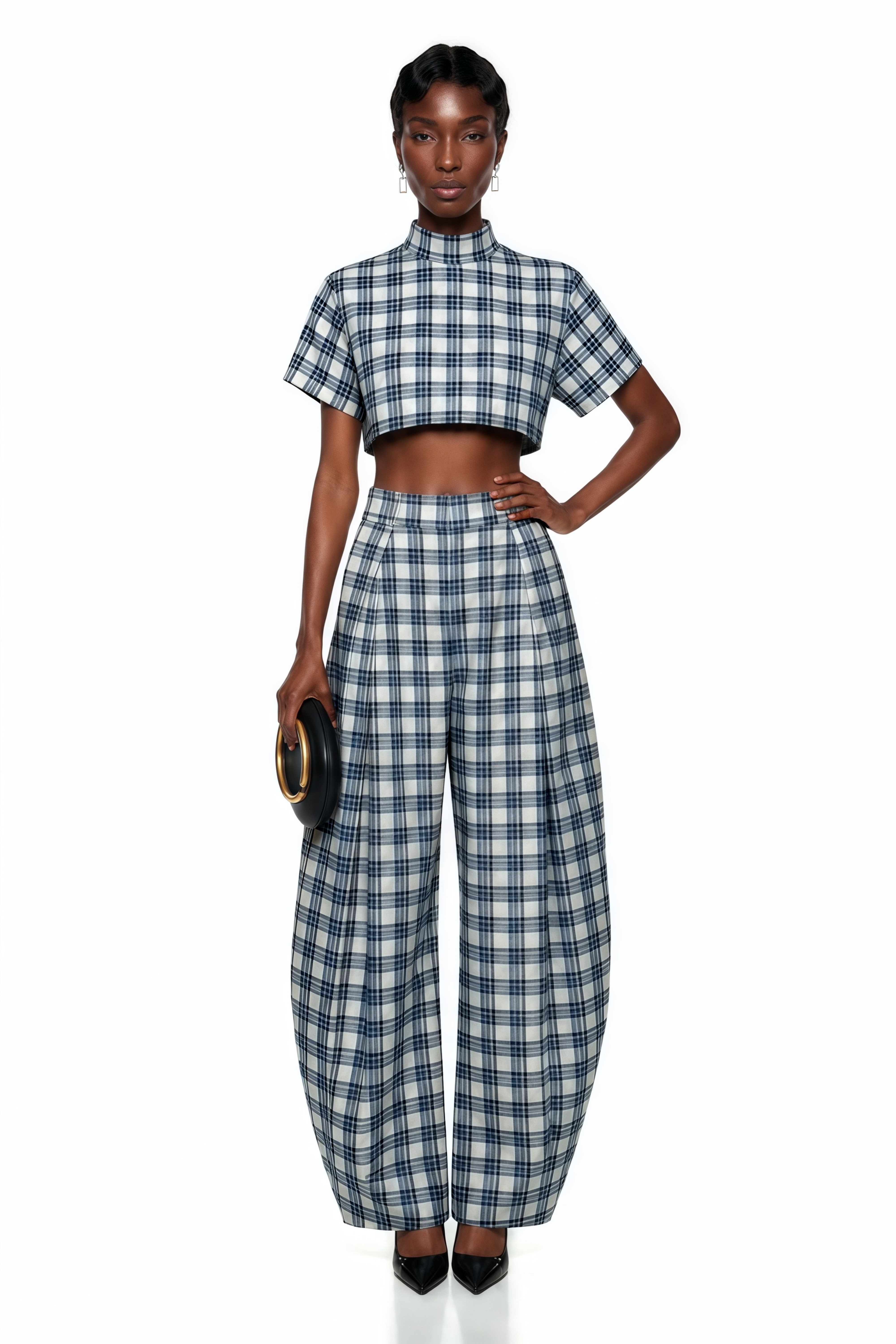 Blue and white plaid two-piece set featuring a high-neck short-sleeve crop top and matching wide-leg trousers