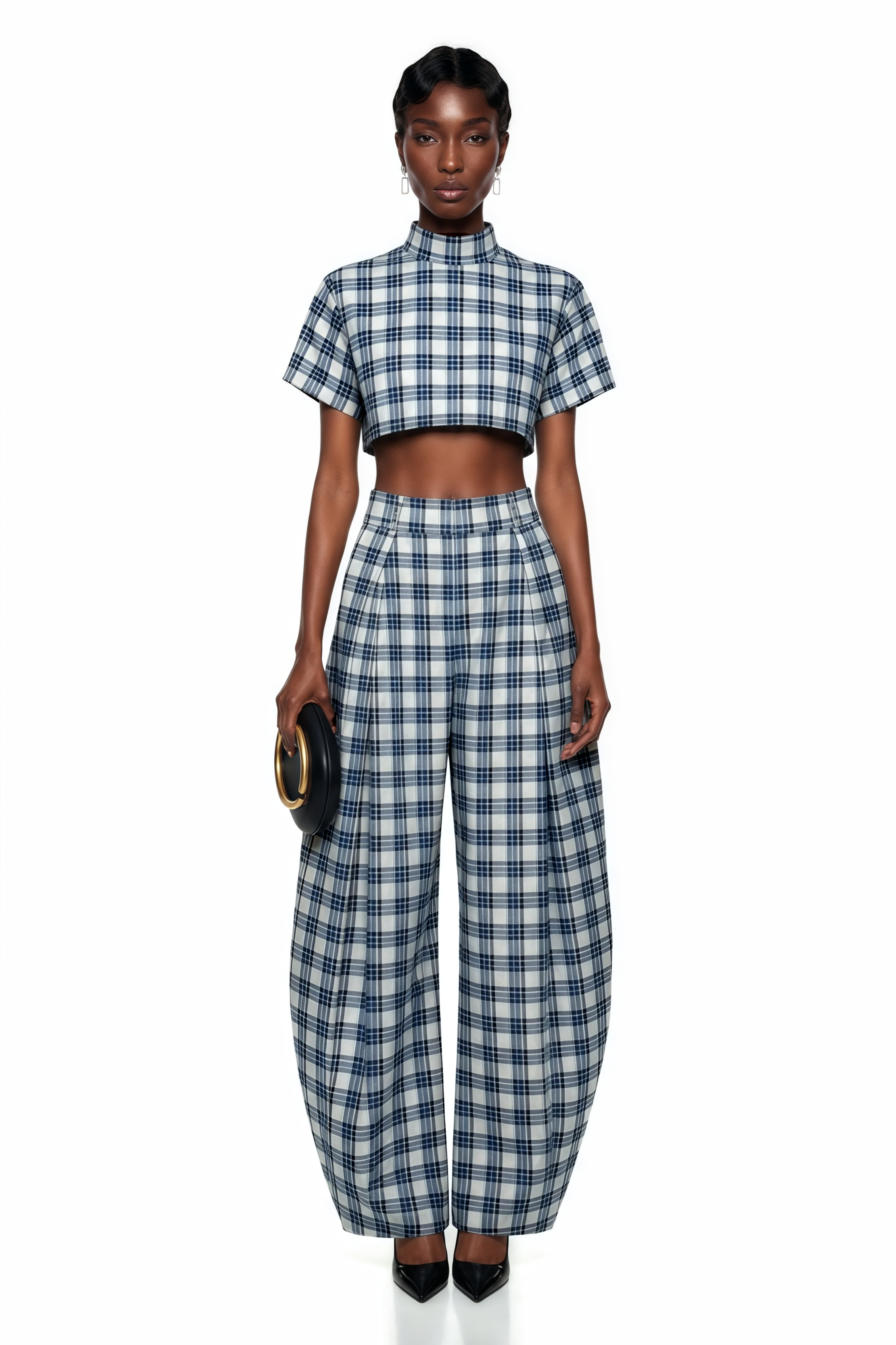 Blue and white plaid two-piece set featuring a high-neck short-sleeve crop top and matching wide-leg trousers