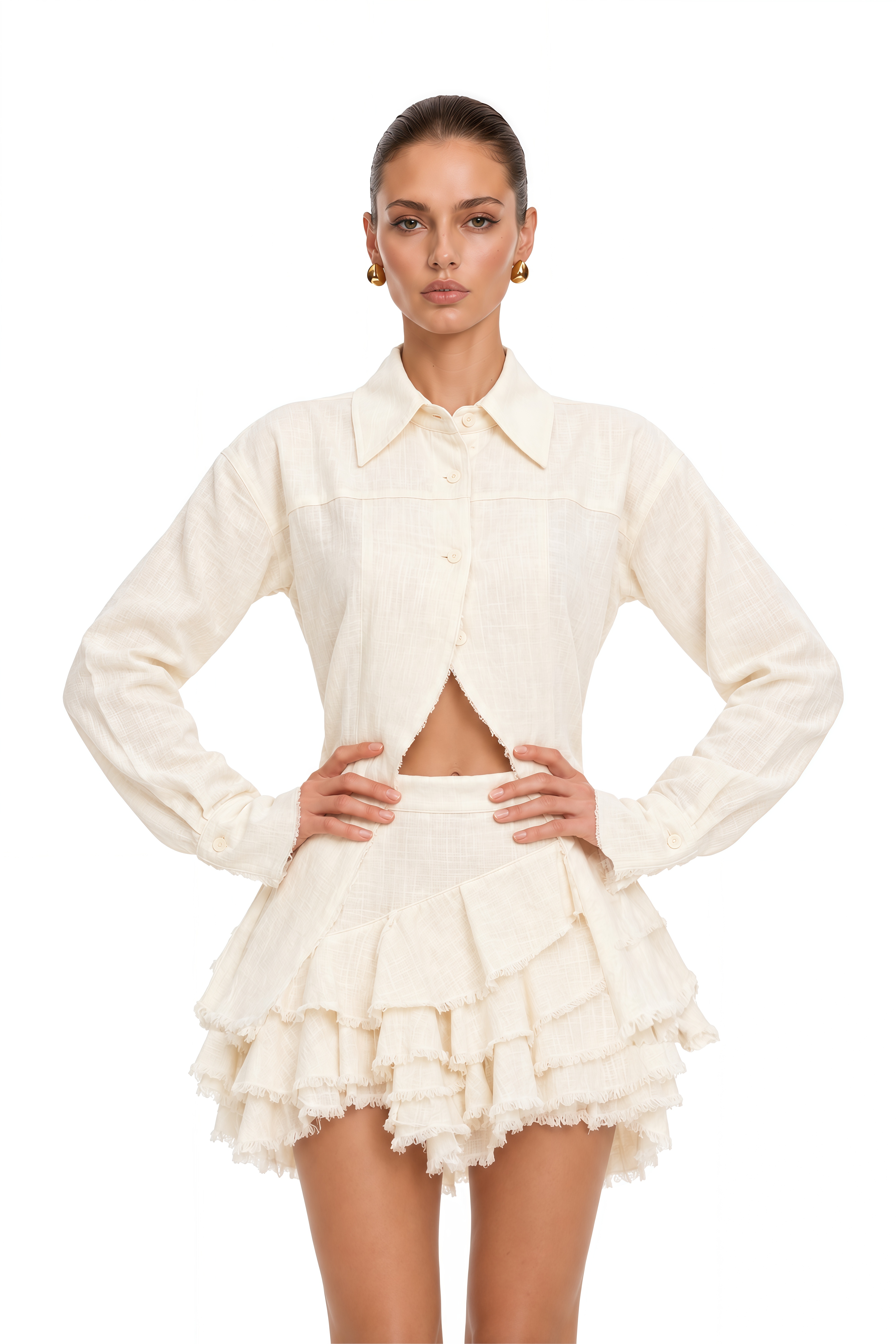 Chandler White Long Sleeve Shirt & Mini Skirt Set