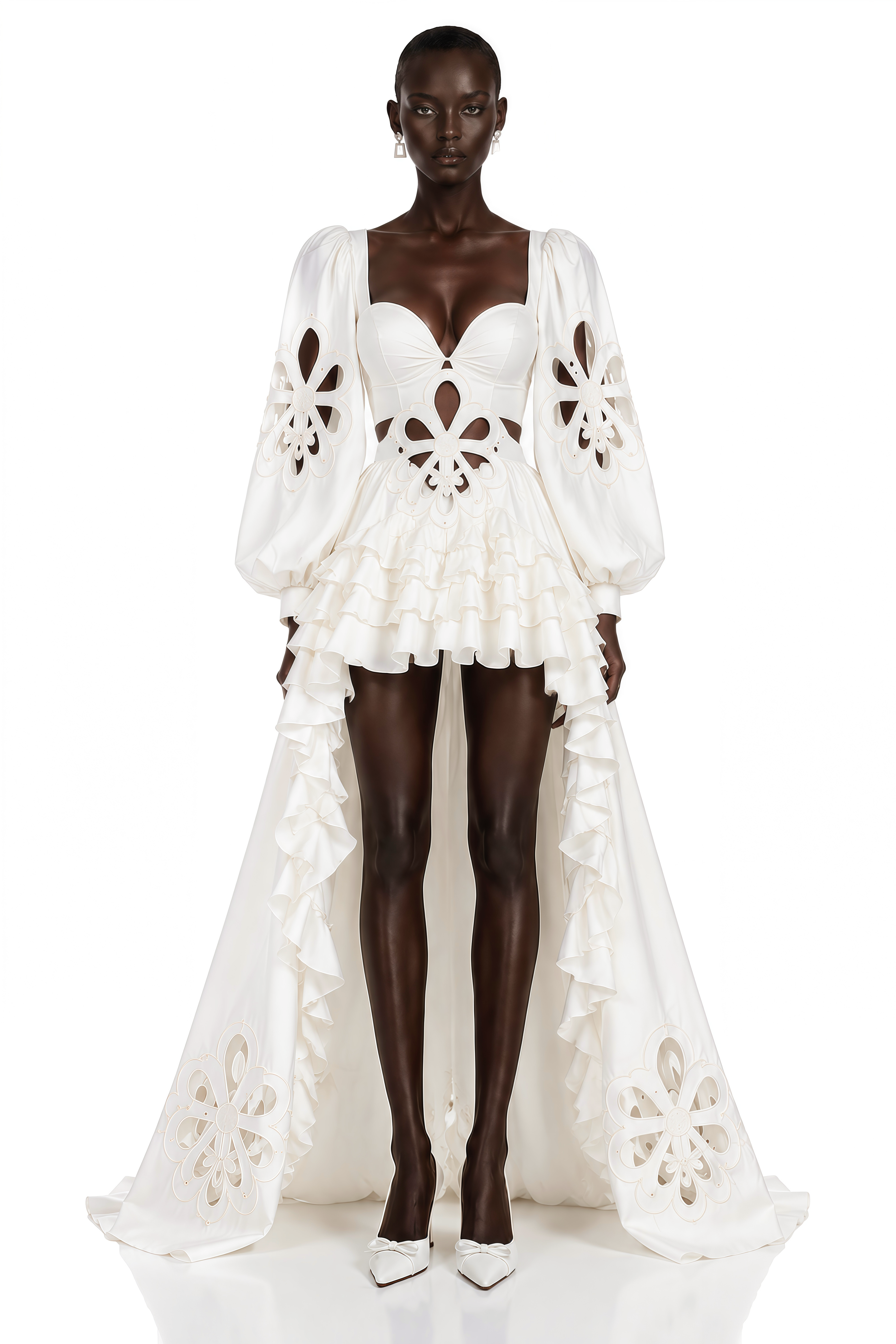 White high-low ruffle gown with cutout details