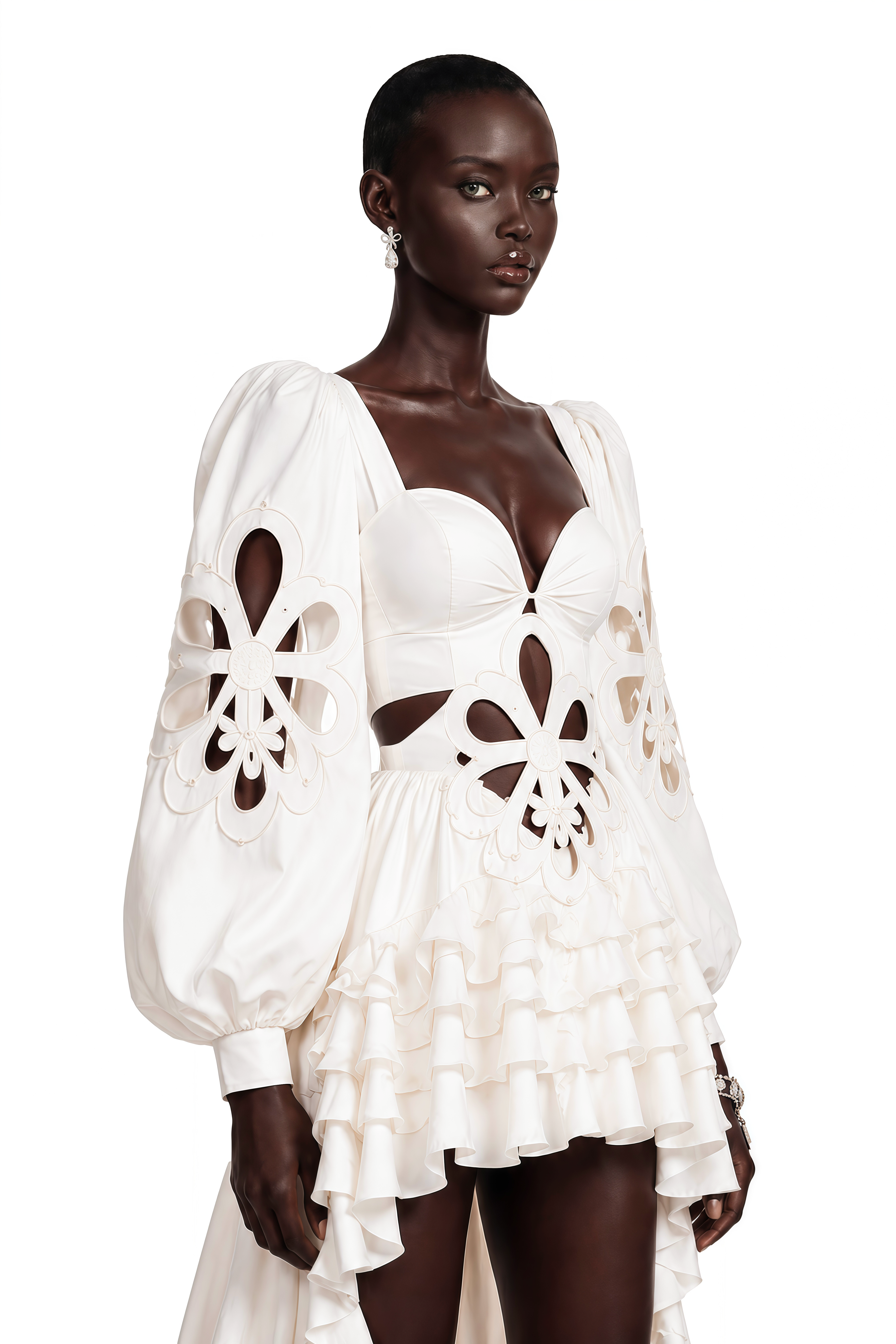 White high-low ruffle gown with cutout details