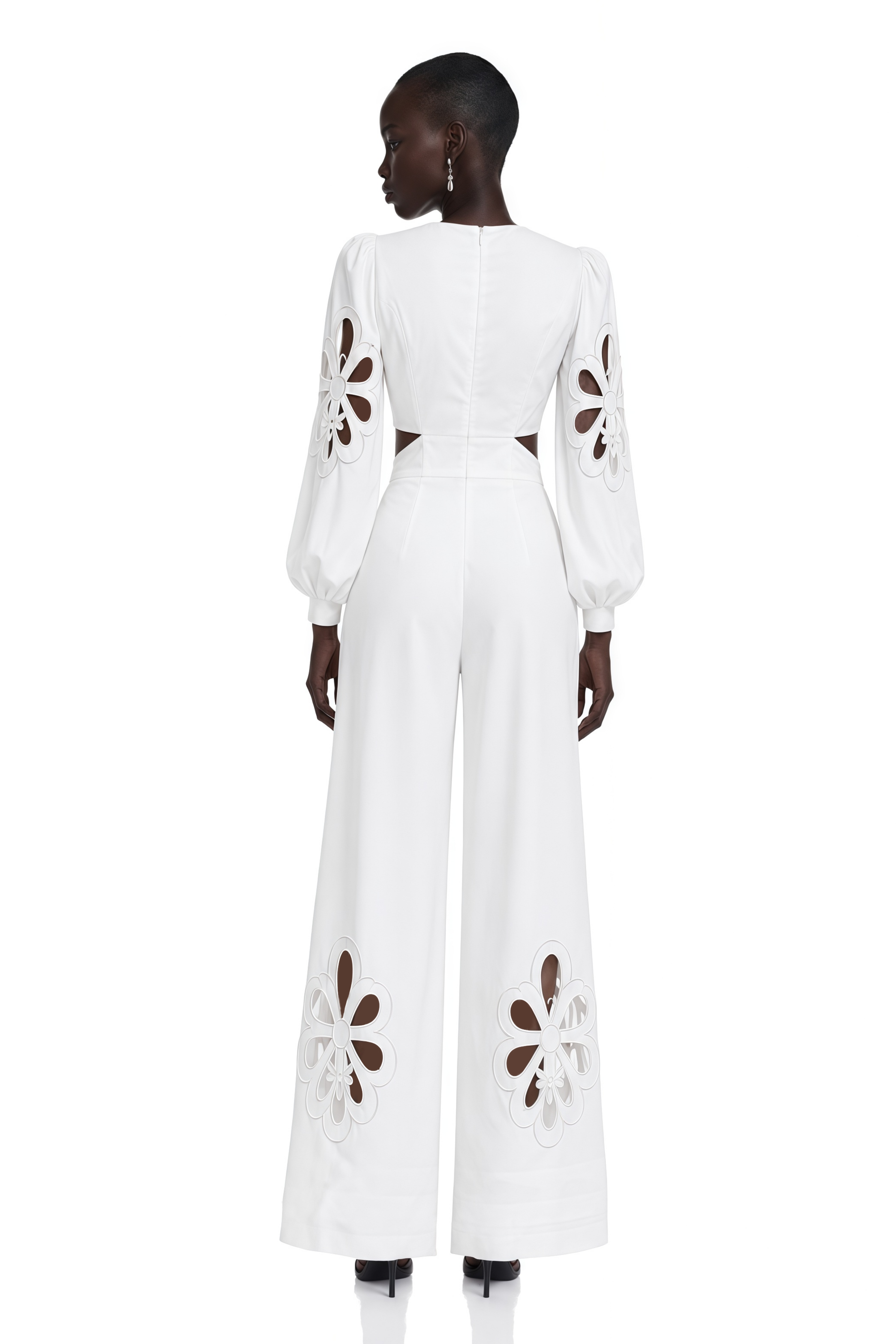 Charles White Plunging Floral Cut-Out Puff Sleeves Jumpsuit