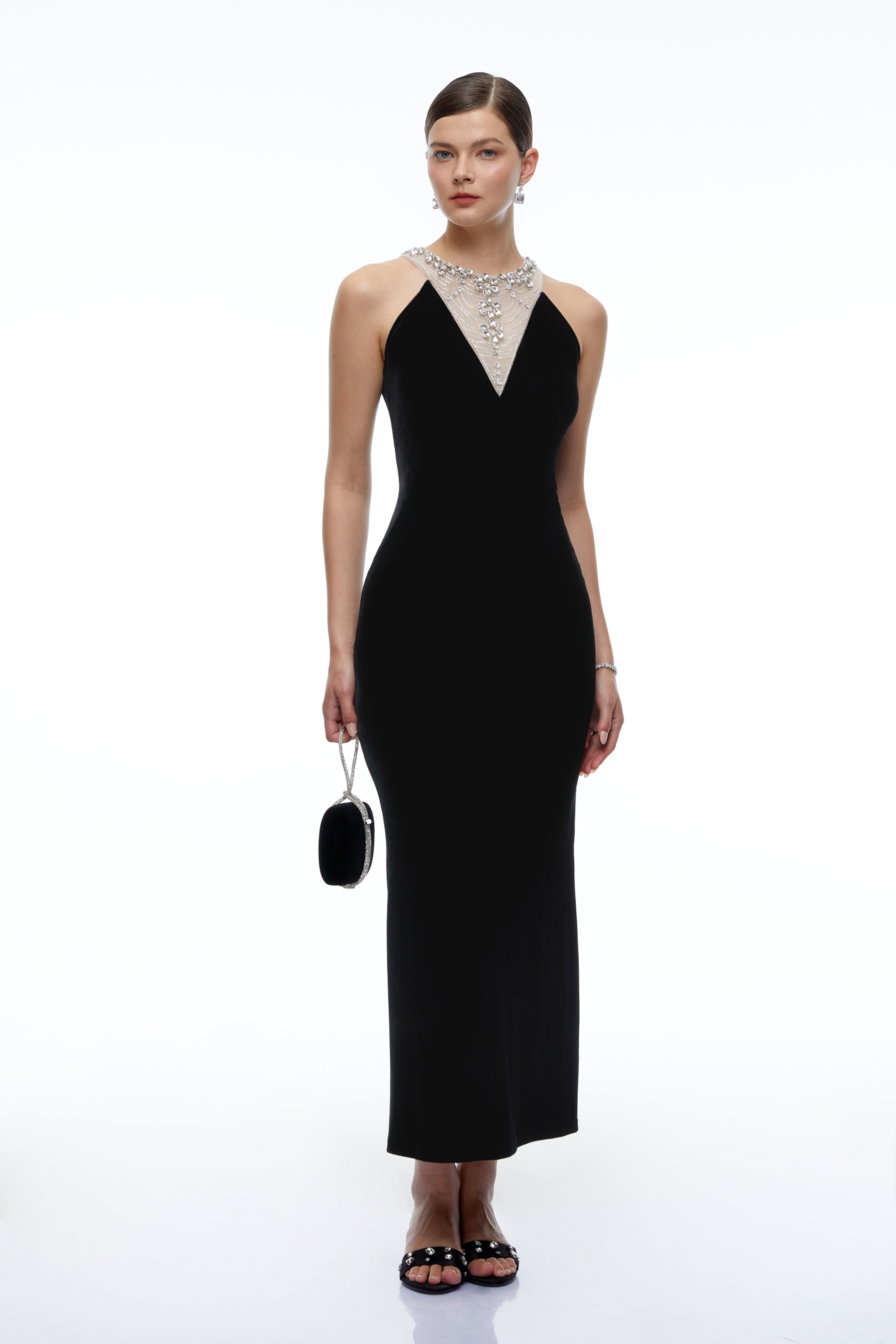 Charlotte Black Crystal-Embellished Neck Midi Dress