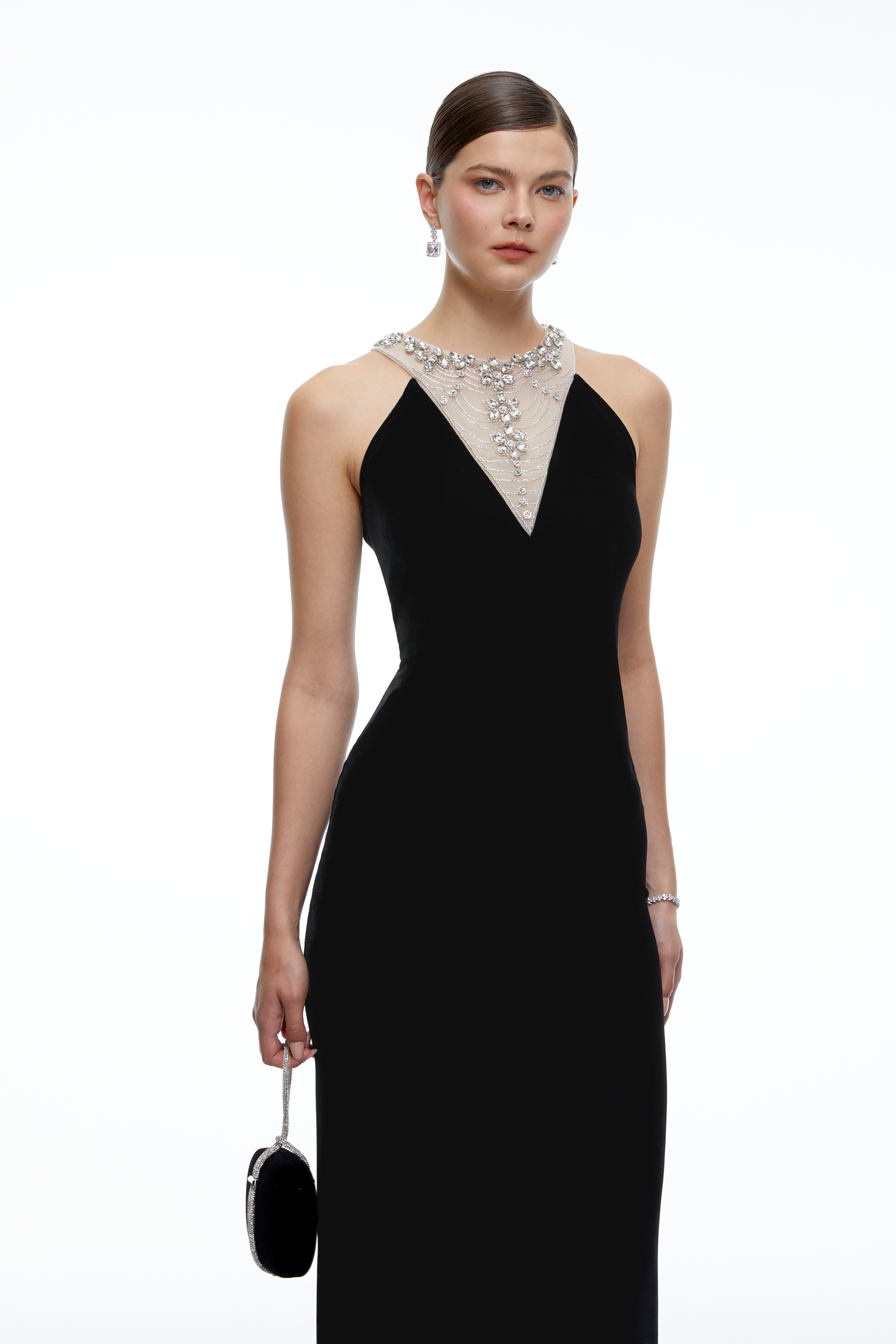 Charlotte Black Crystal-Embellished Neck Midi Dress