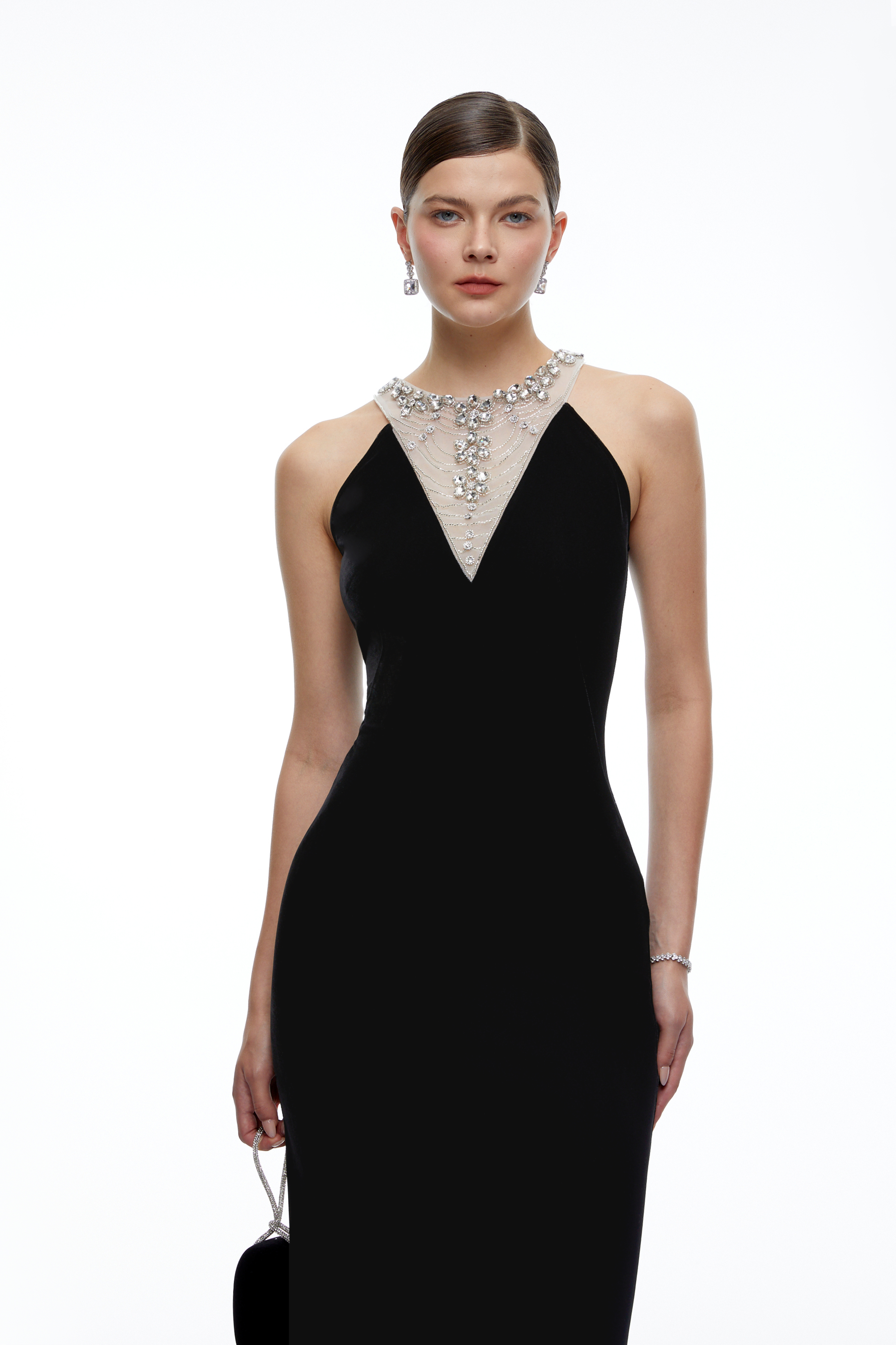 Charlotte Black Crystal-Embellished Neck Midi Dress