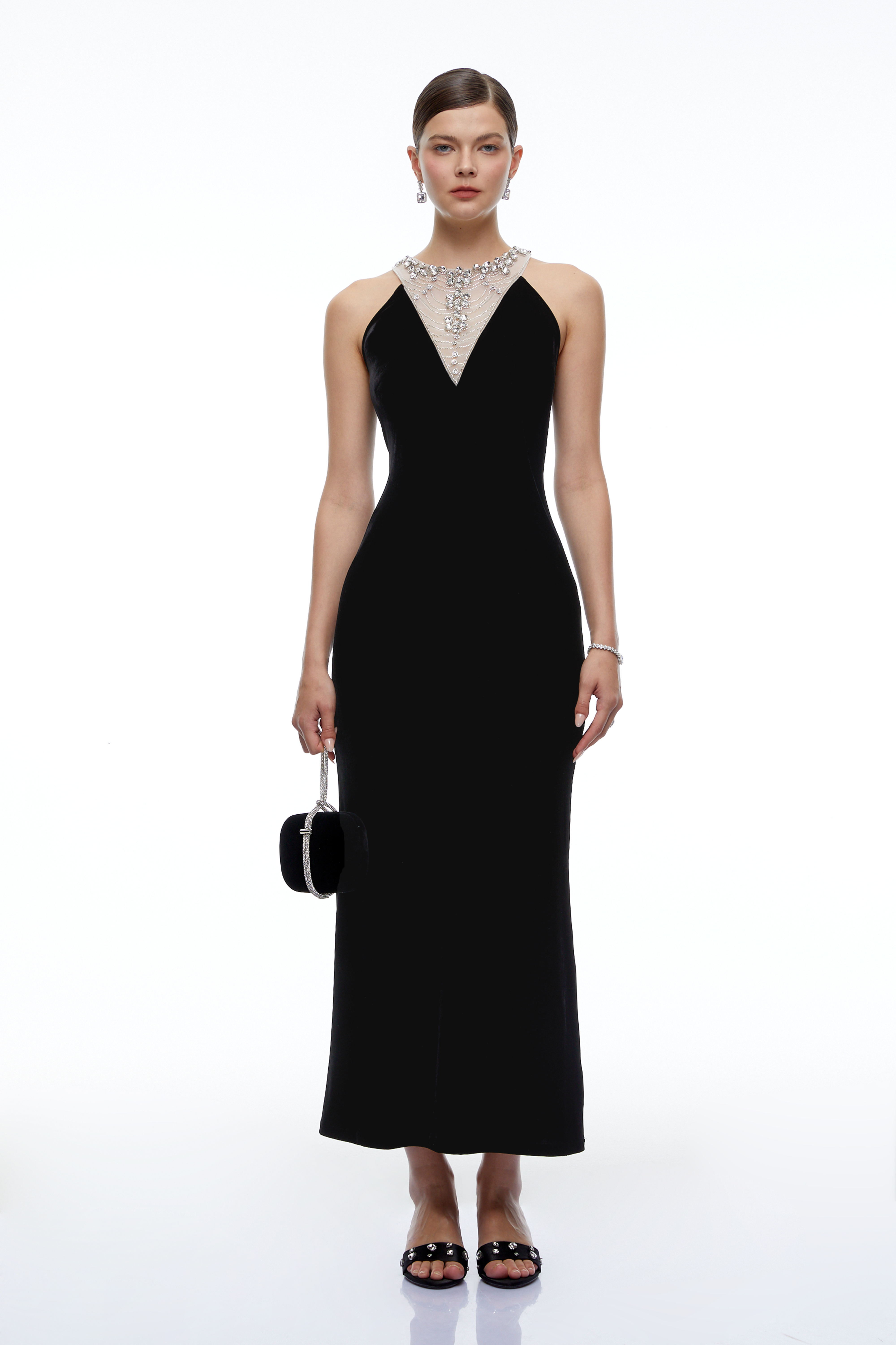 Charlotte Black Crystal-Embellished Neck Midi Dress