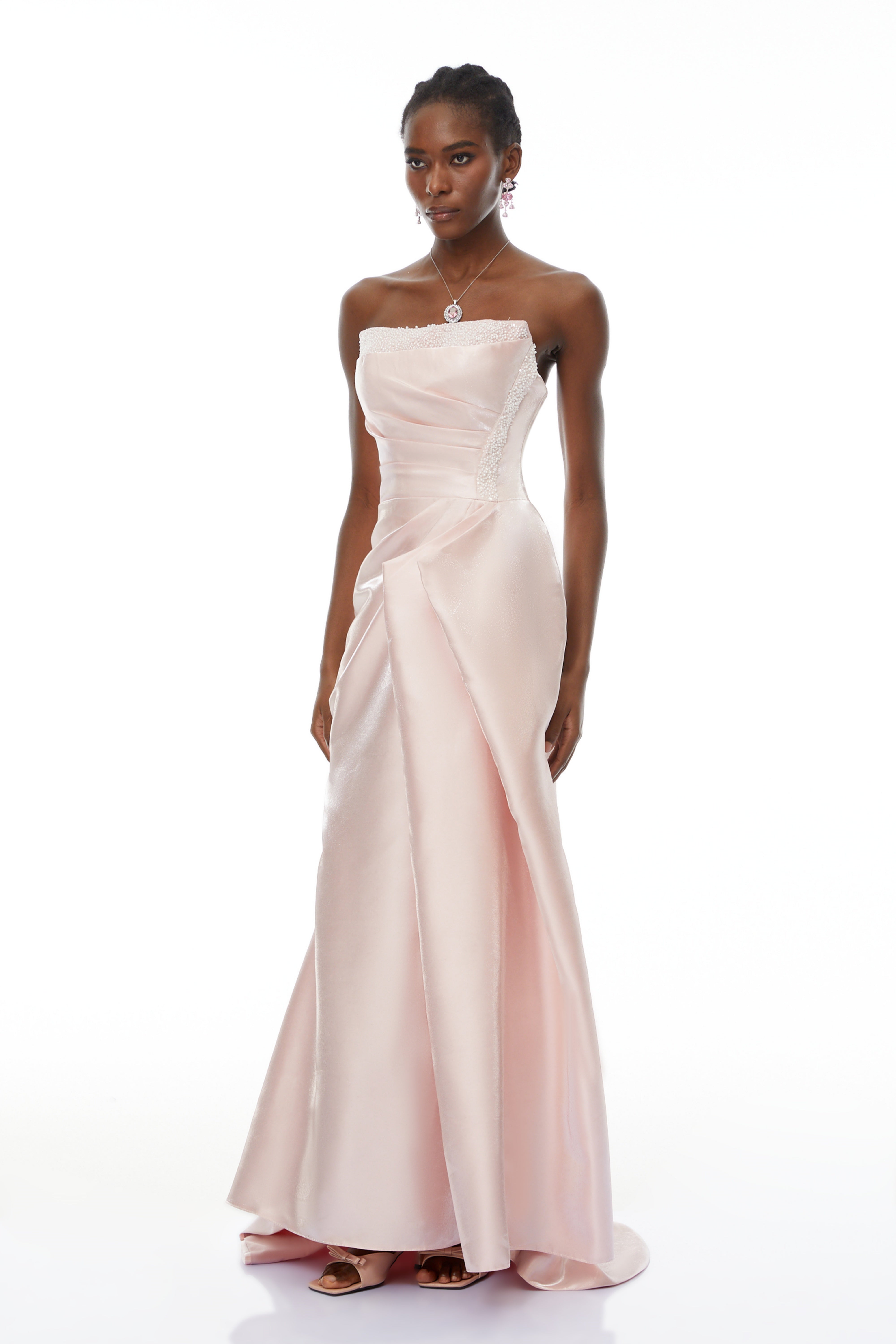 Pink Rhinestone Strapless Maxi Dress