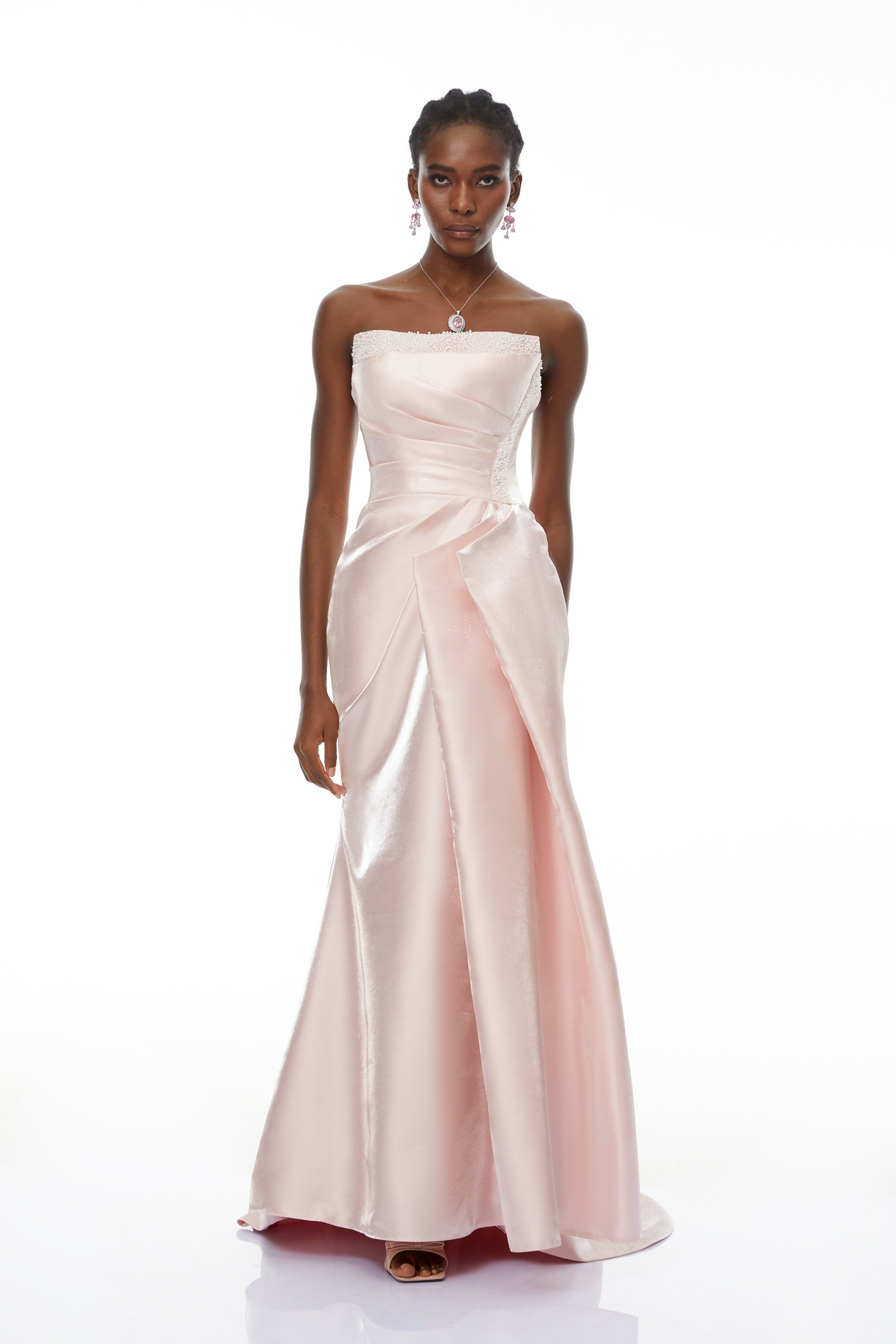Pink Rhinestone Strapless Maxi Dress