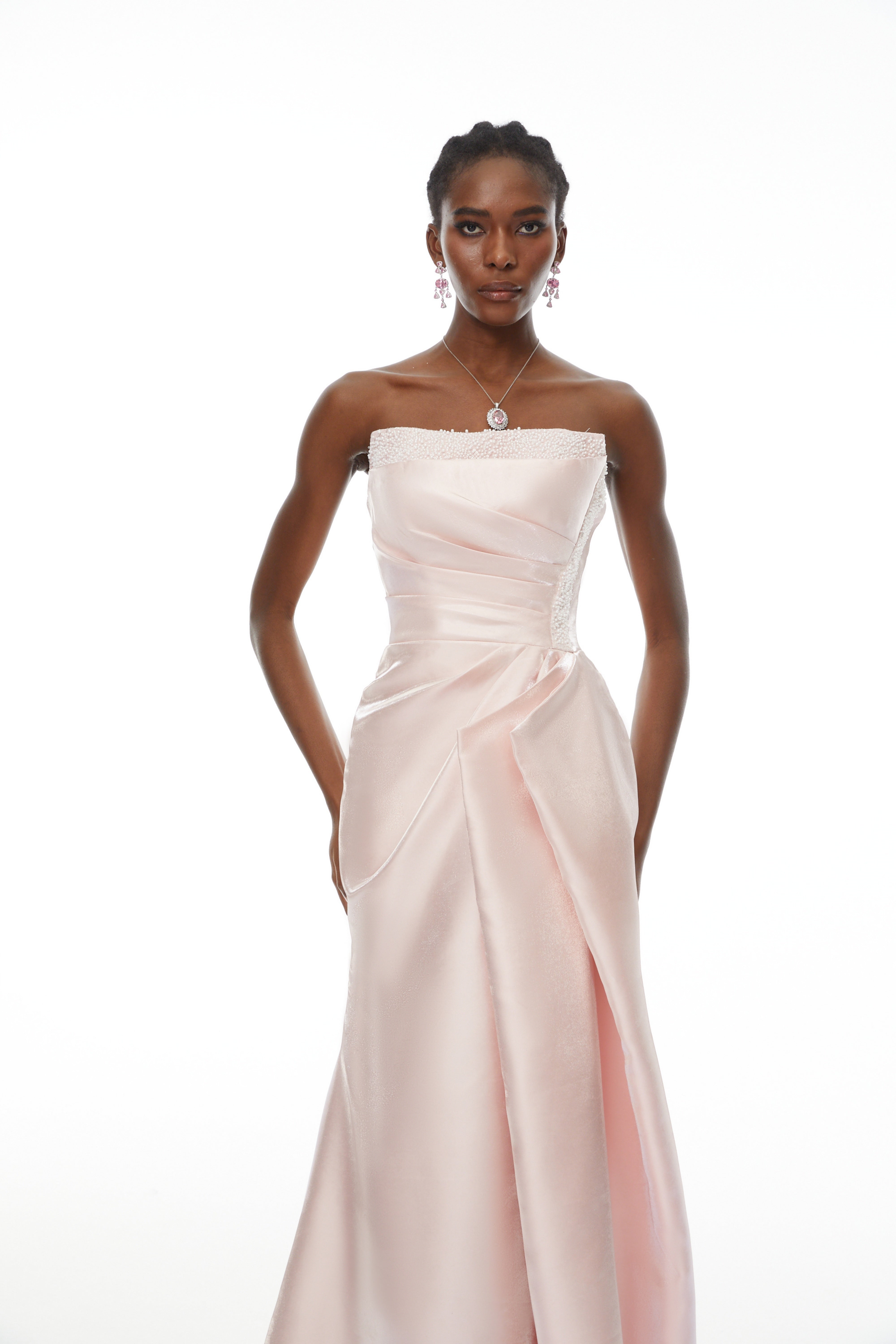Pink Rhinestone Strapless Maxi Dress