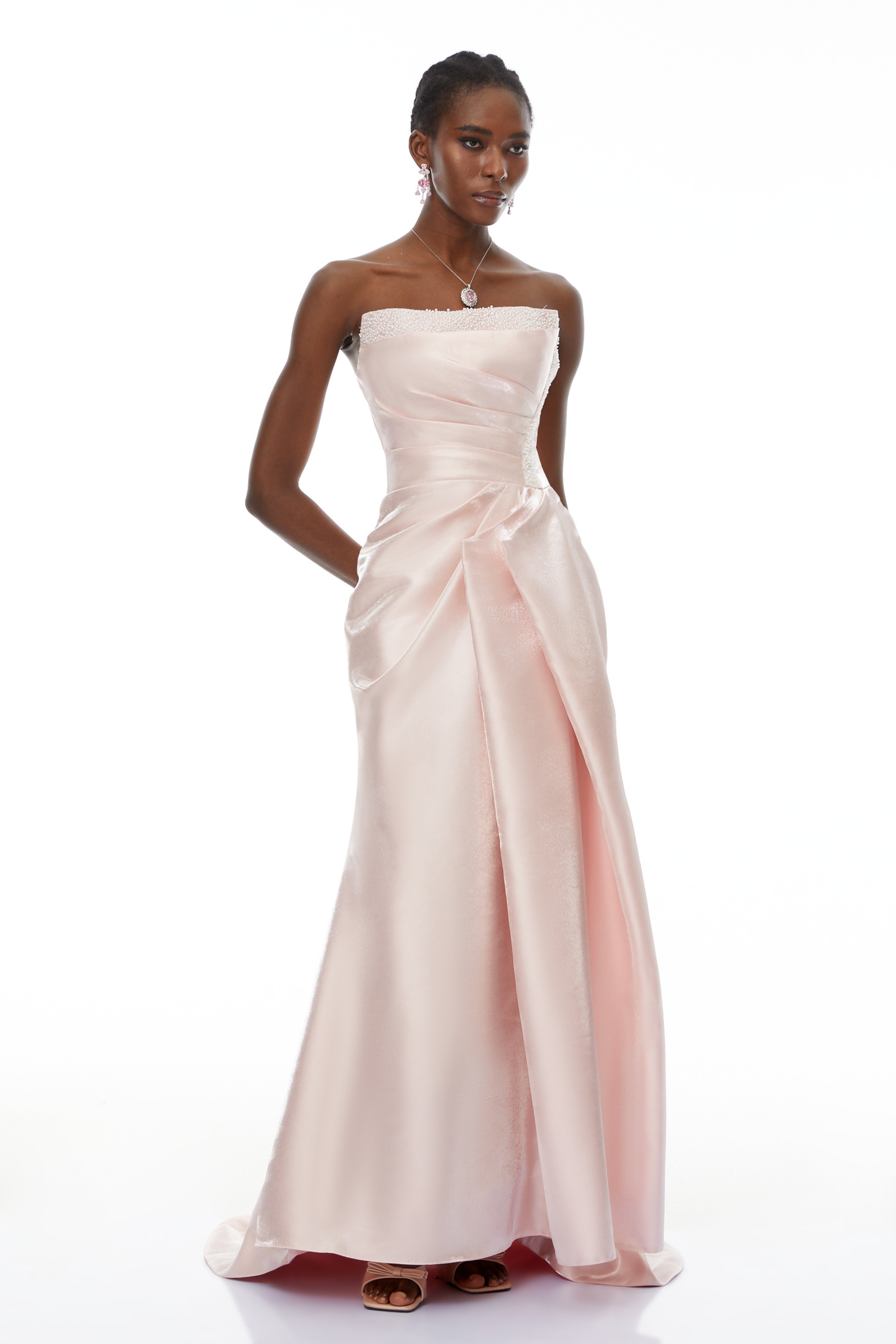 Pink Rhinestone Strapless Maxi Dress