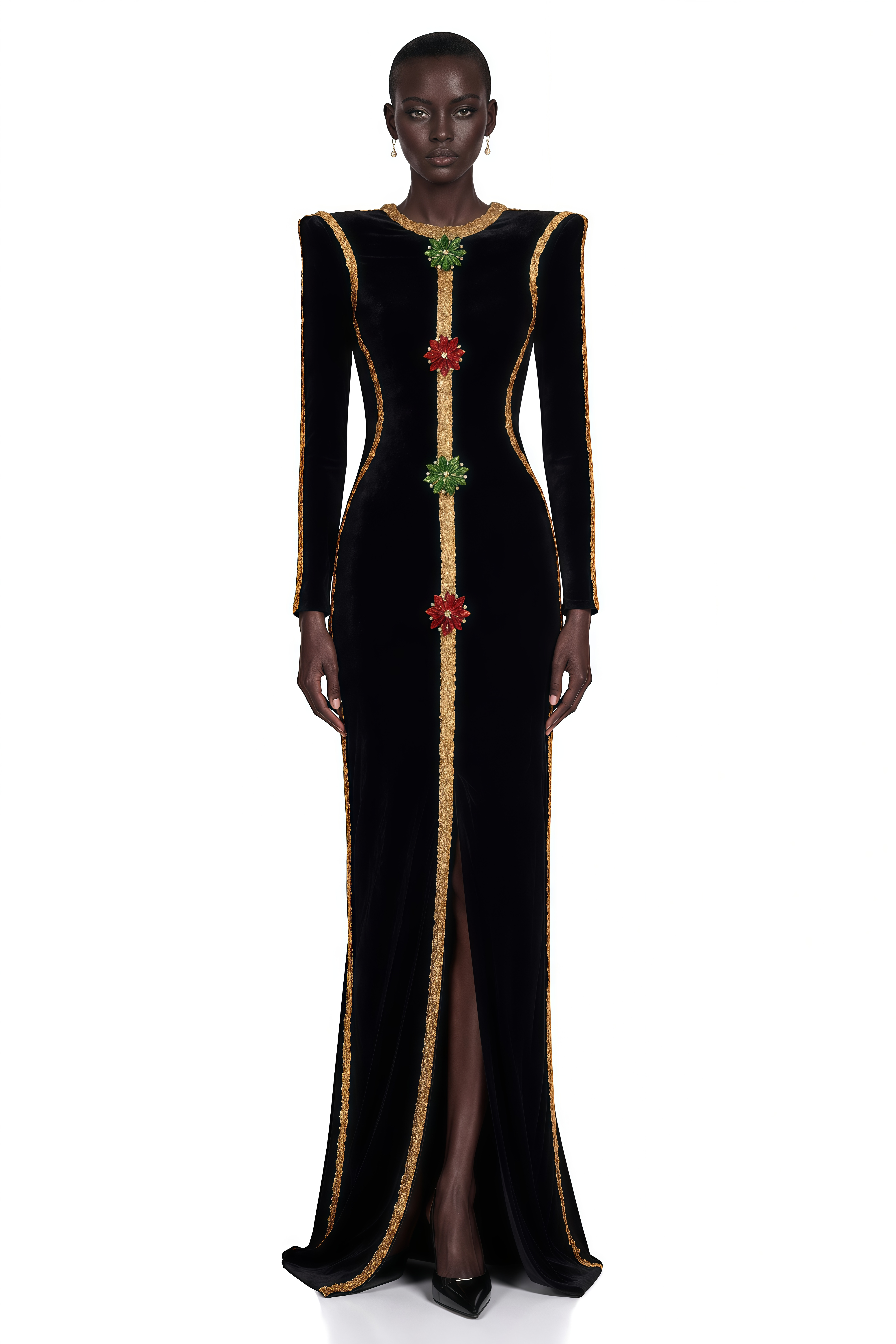 Black velvet long-sleeve maxi dress with gold trim and embroidered floral accents