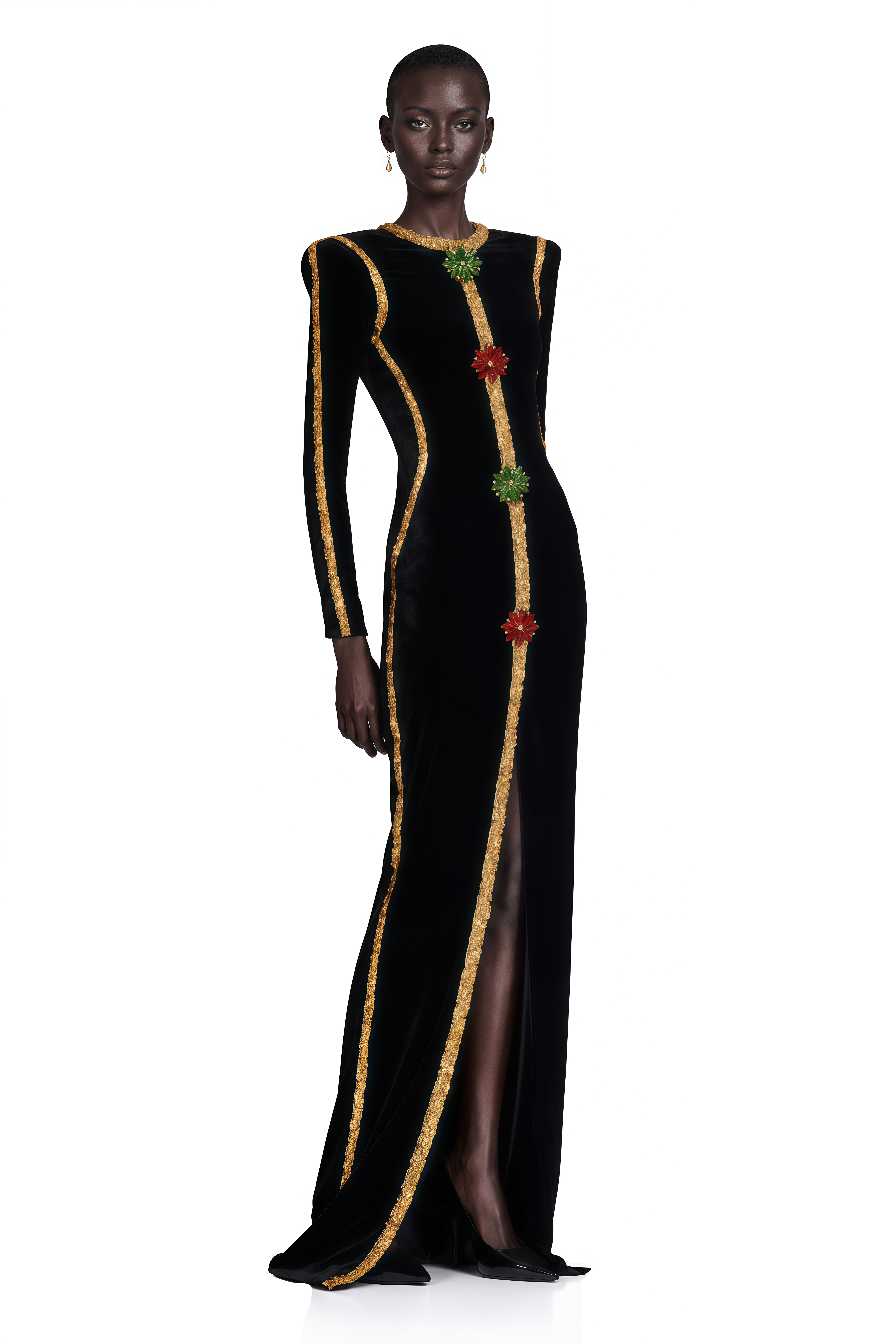 Black velvet long-sleeve maxi dress with gold trim and embroidered floral accents