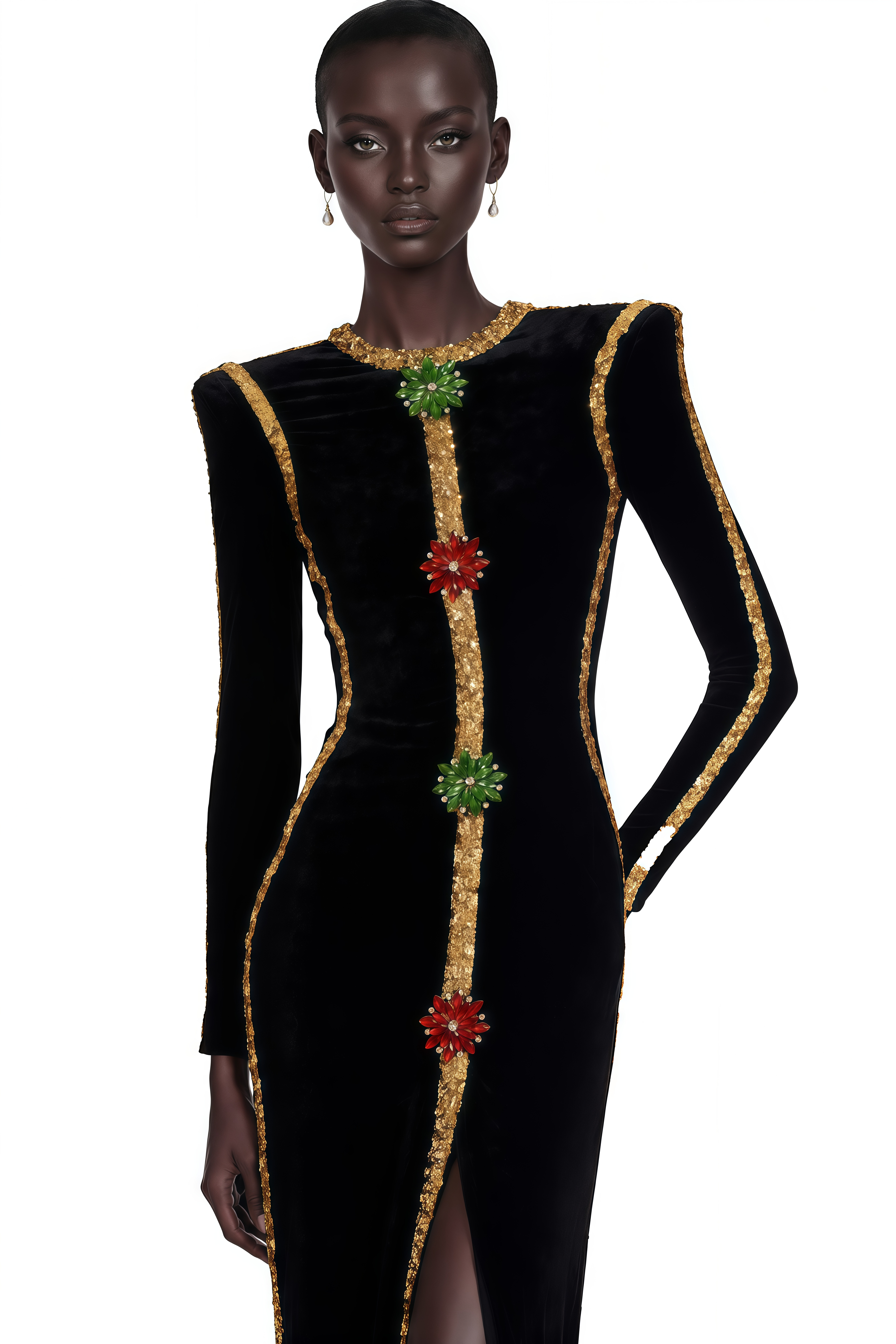 Black velvet long-sleeve maxi dress with gold trim and embroidered floral accents