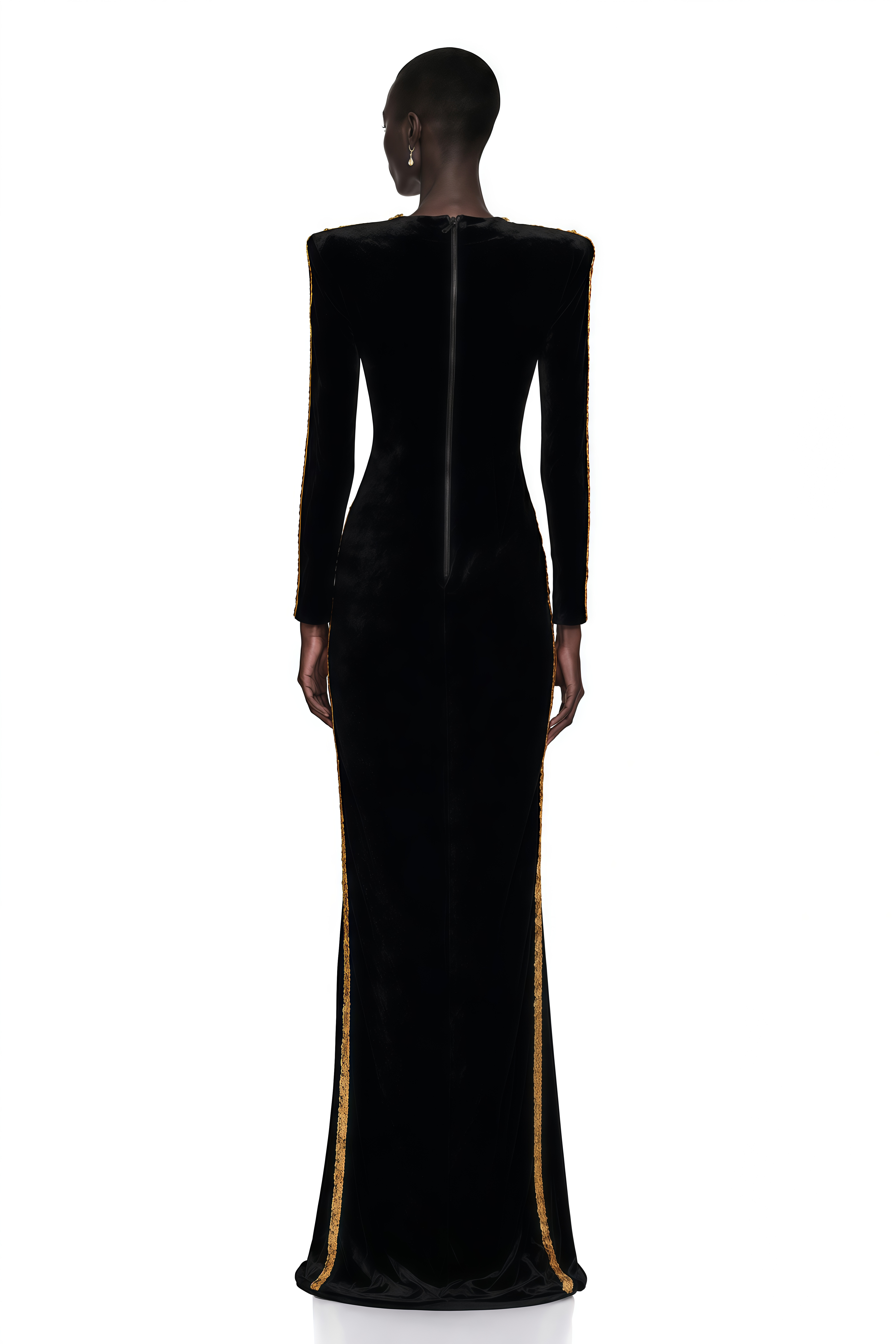 Black velvet long-sleeve maxi dress with gold trim and embroidered floral accents