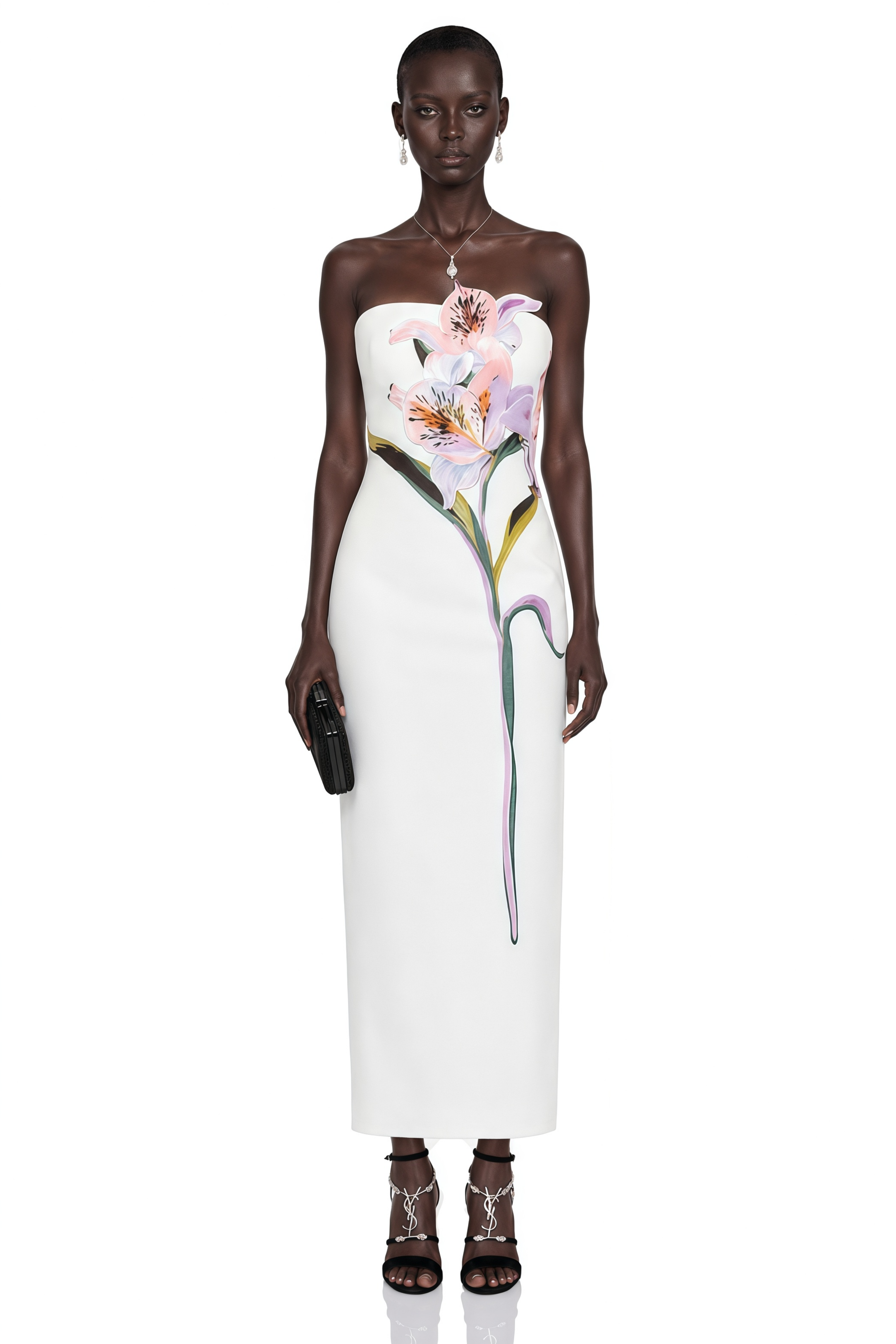 White strapless column gown with a large painted floral graphic