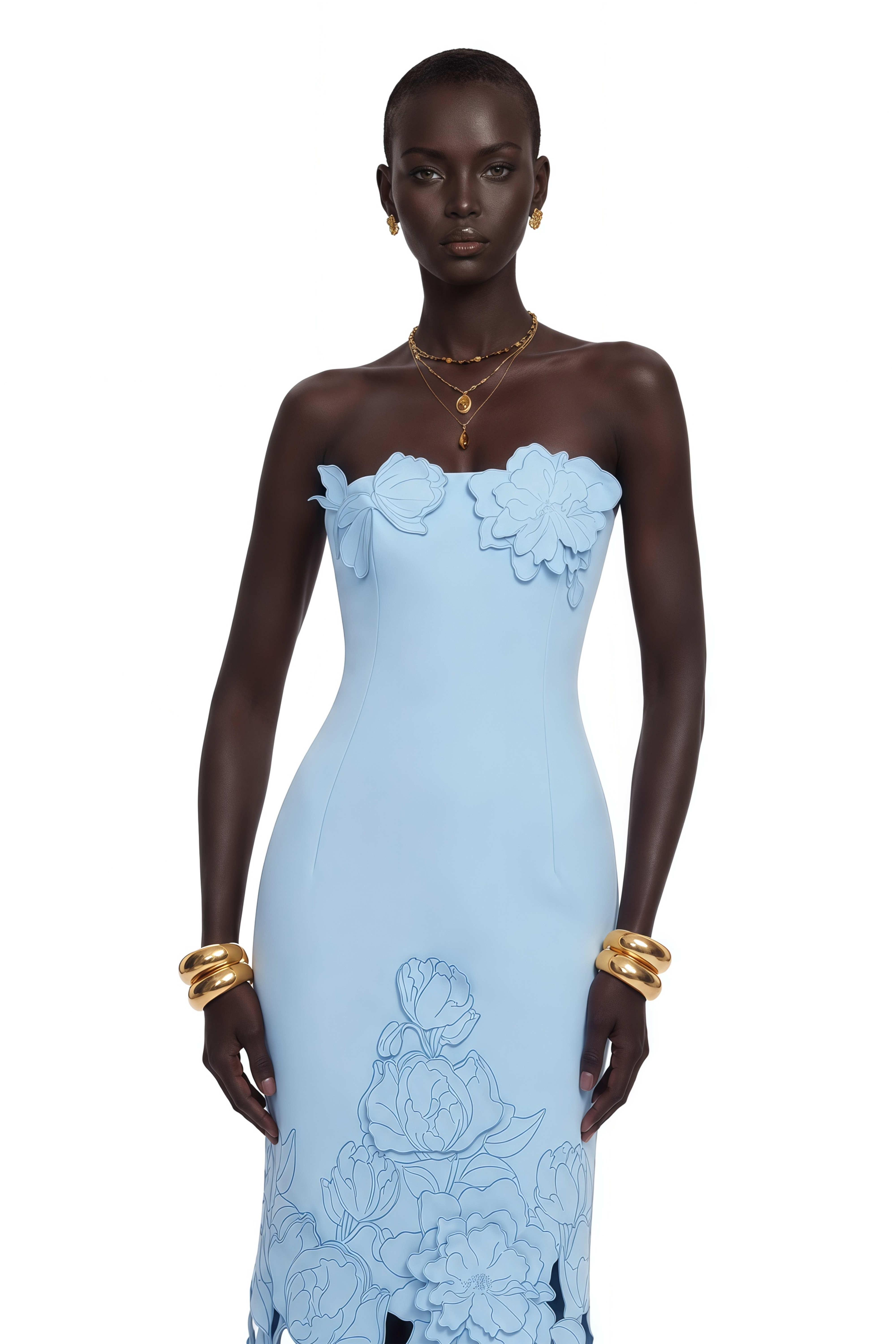 Light blue strapless gown with 3D floral appliqués and a cutout floral hem