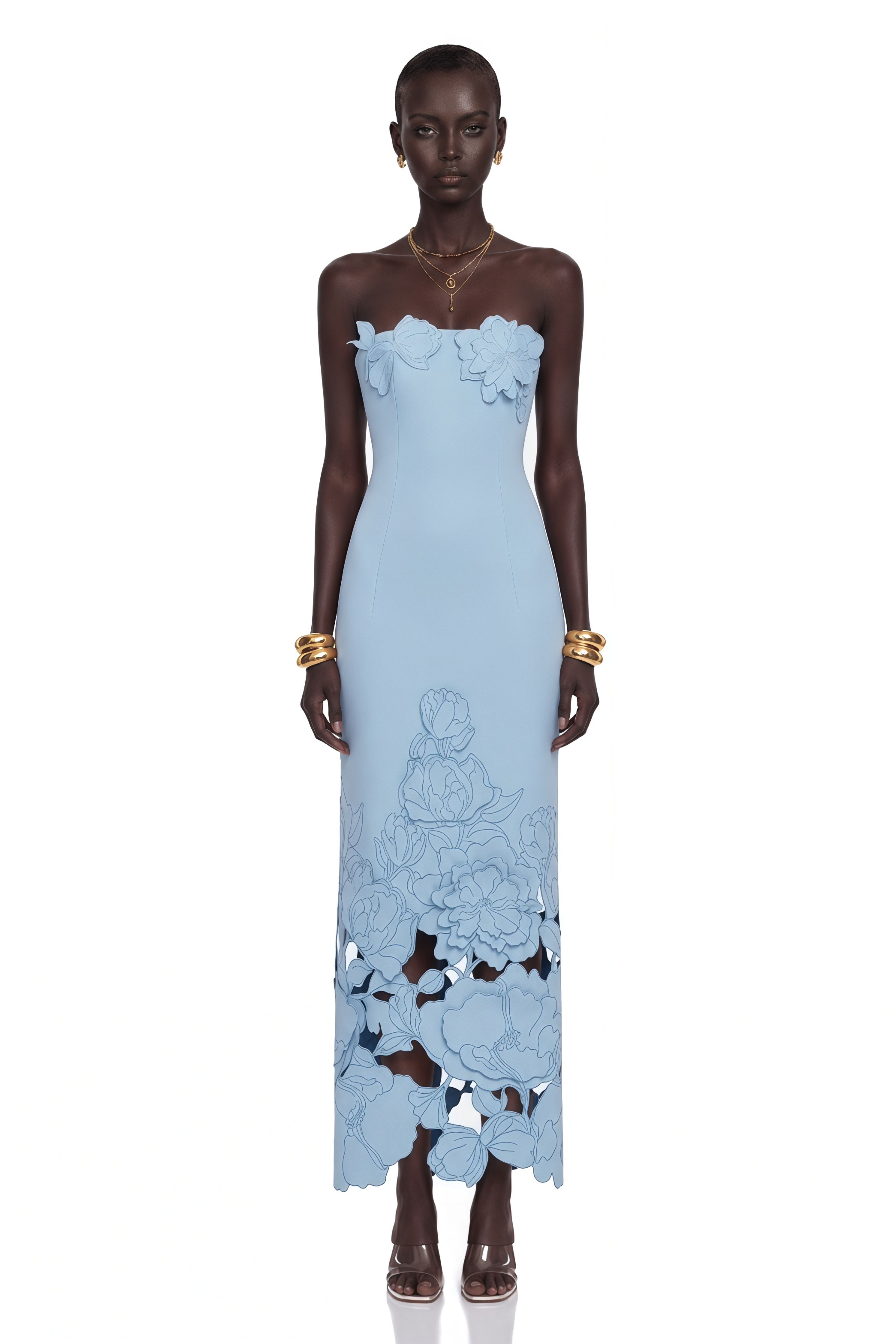 Light blue strapless gown with 3D floral appliqués and a cutout floral hem