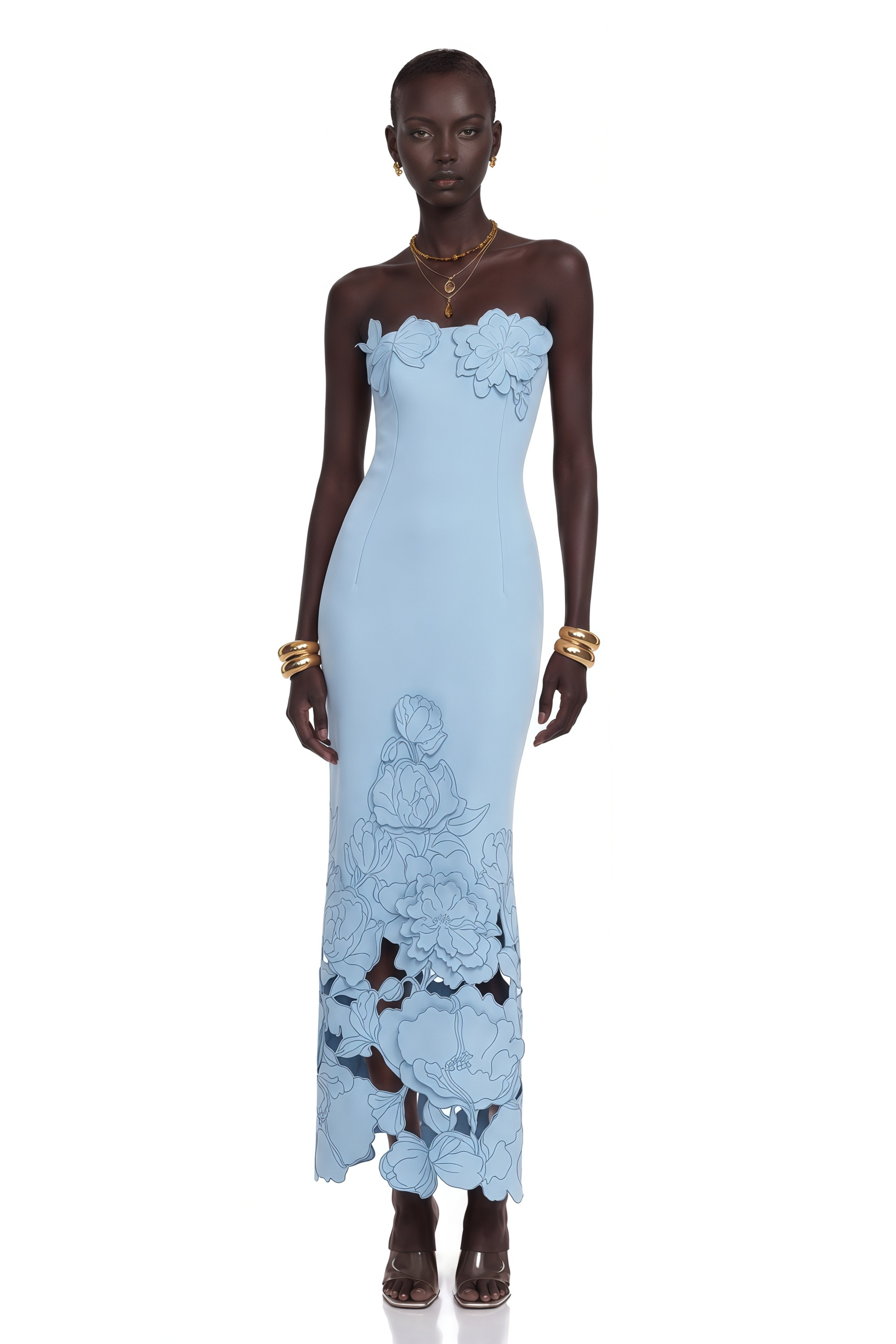 Light blue strapless gown with 3D floral appliqués and a cutout floral hem