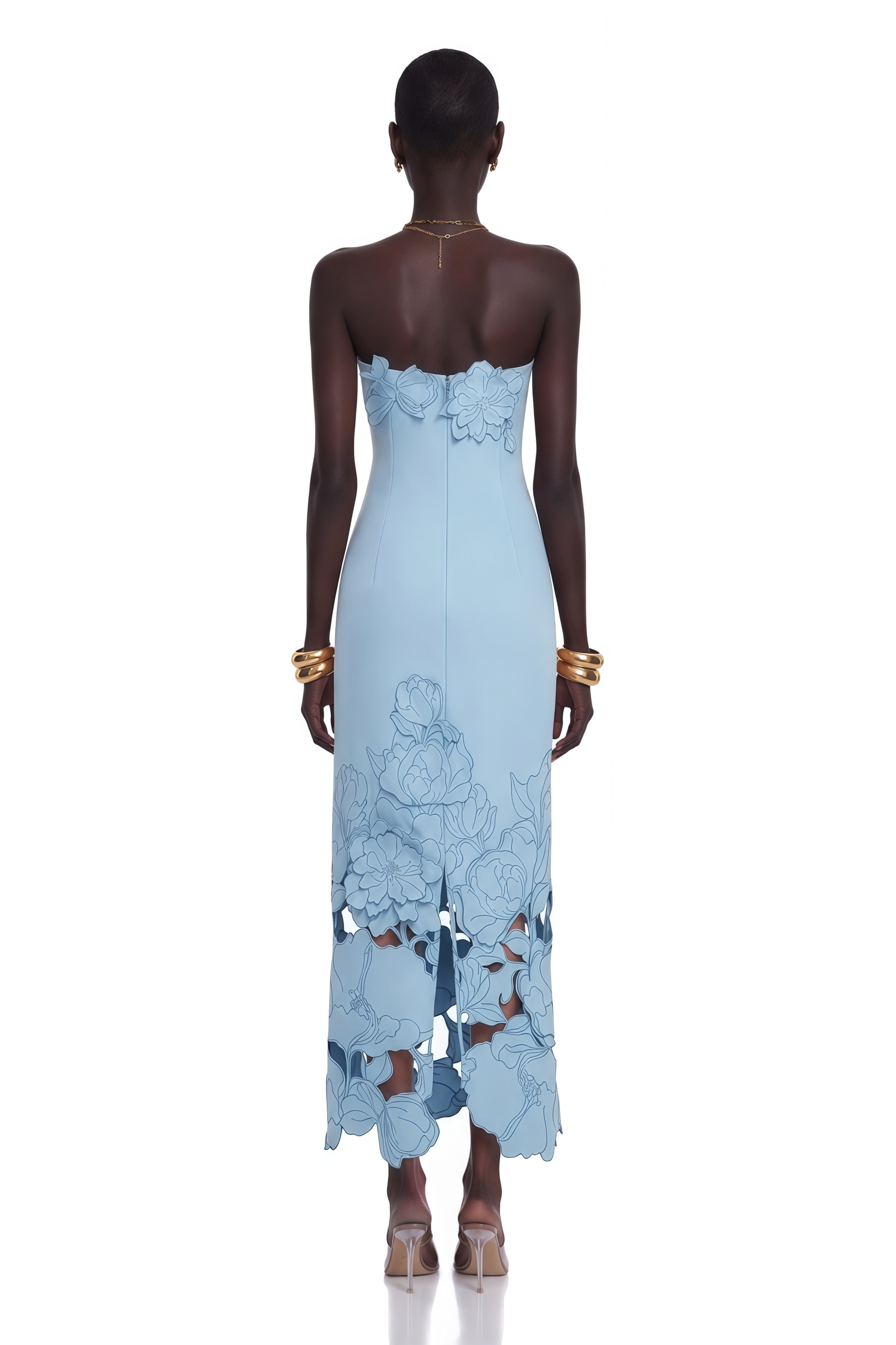 Light blue strapless gown with 3D floral appliqués and a cutout floral hem