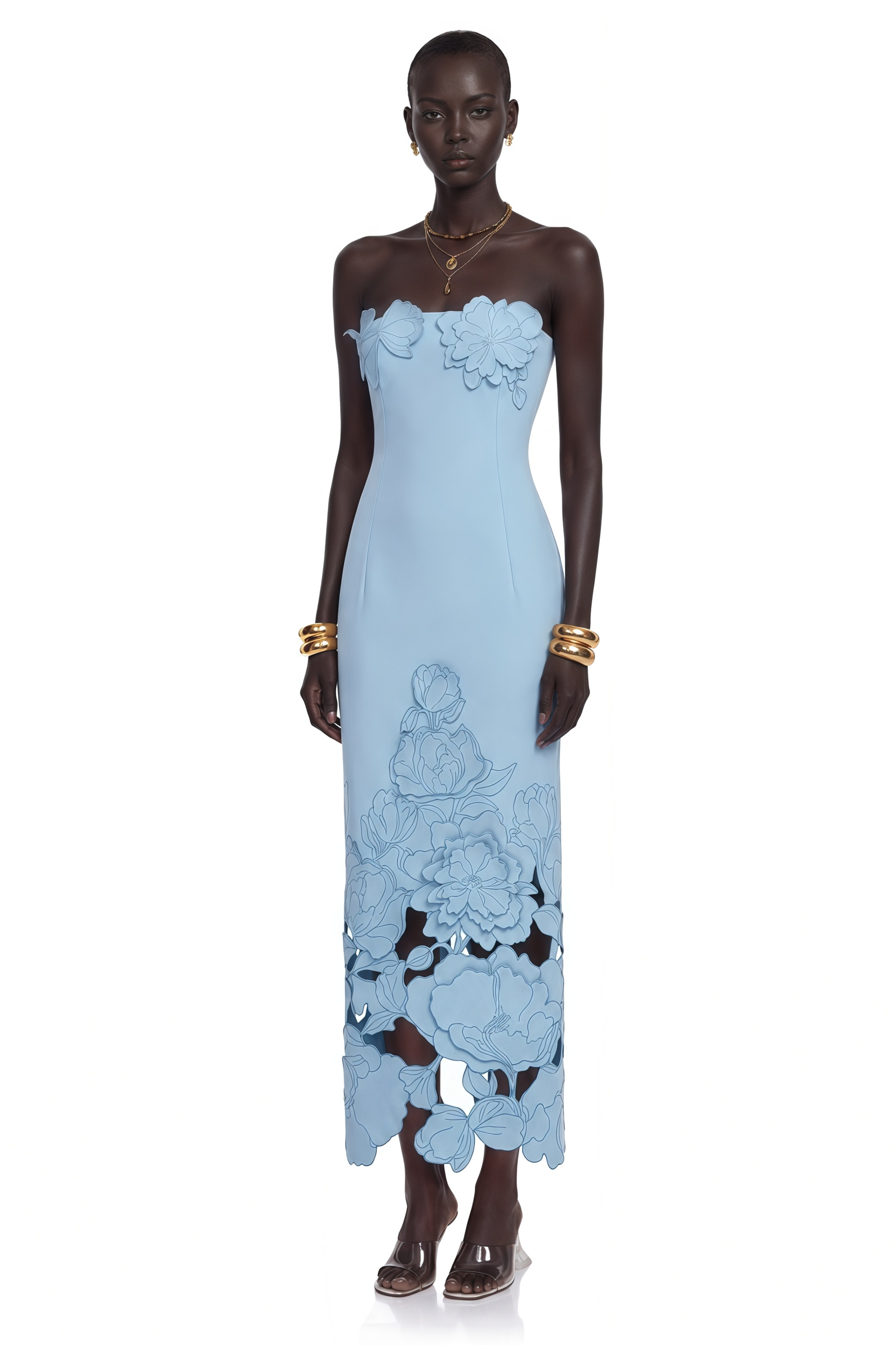 Light blue strapless gown with 3D floral appliqués and a cutout floral hem