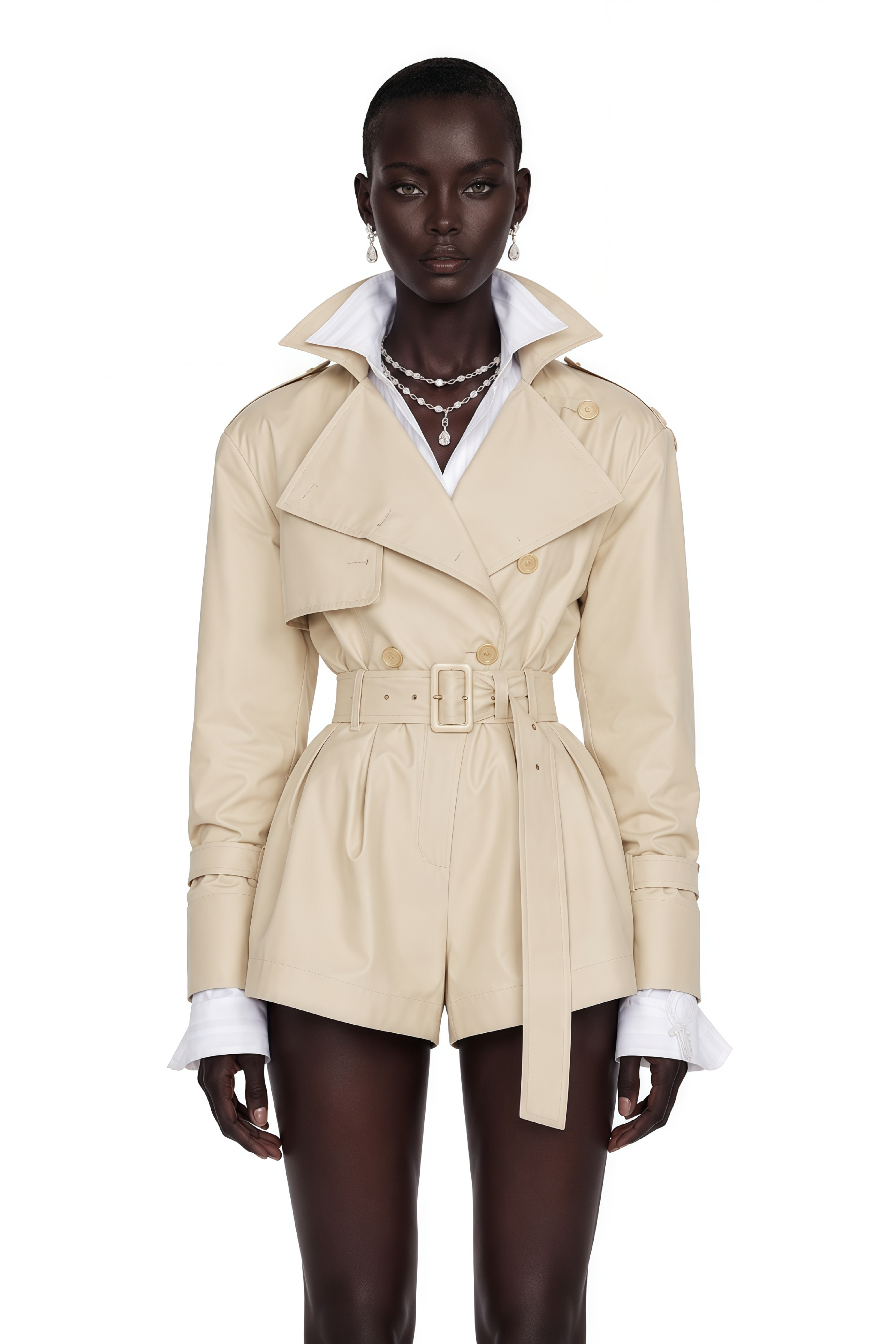 Beige belted trench-style romper with wide lapels