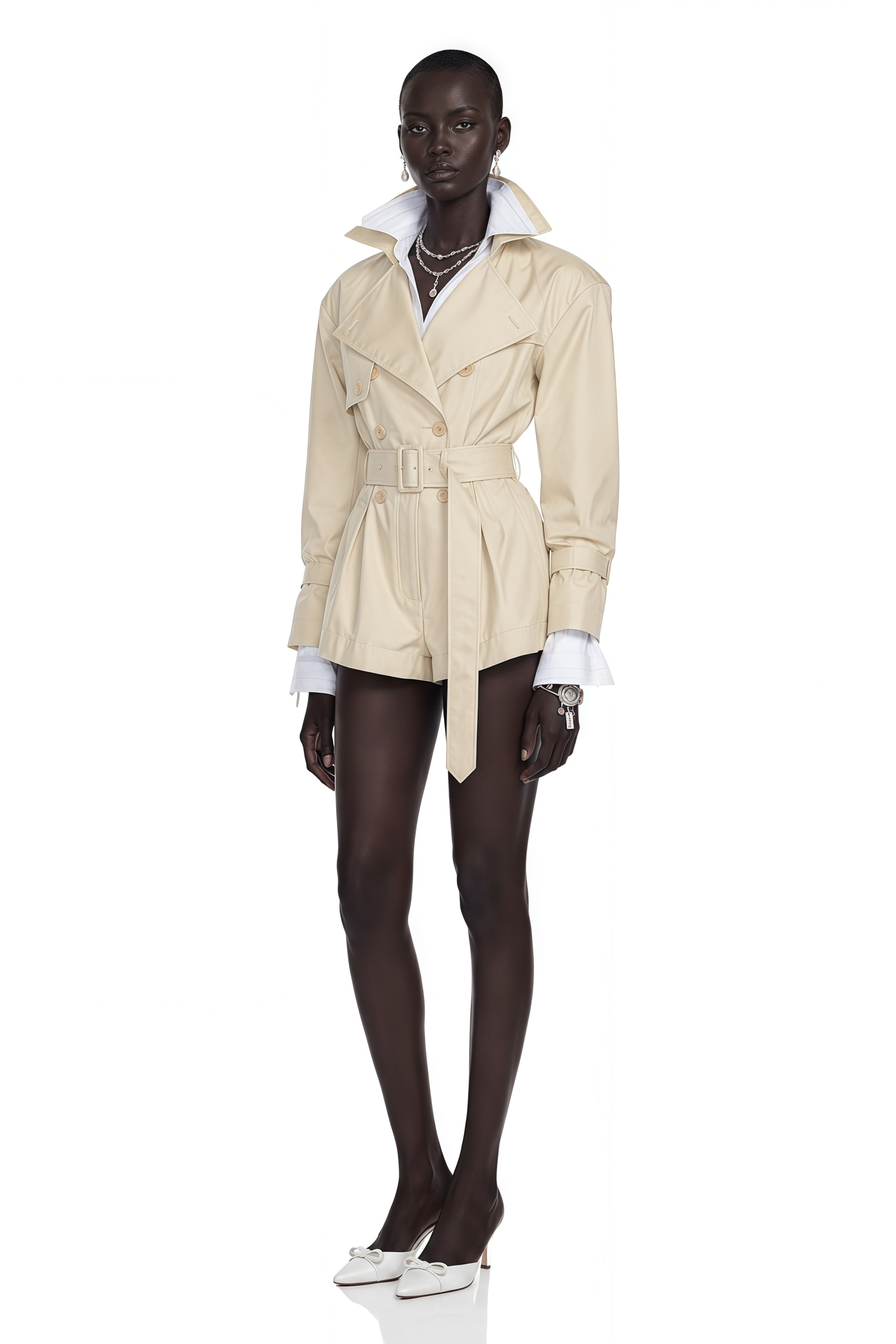 Beige belted trench-style romper with wide lapels