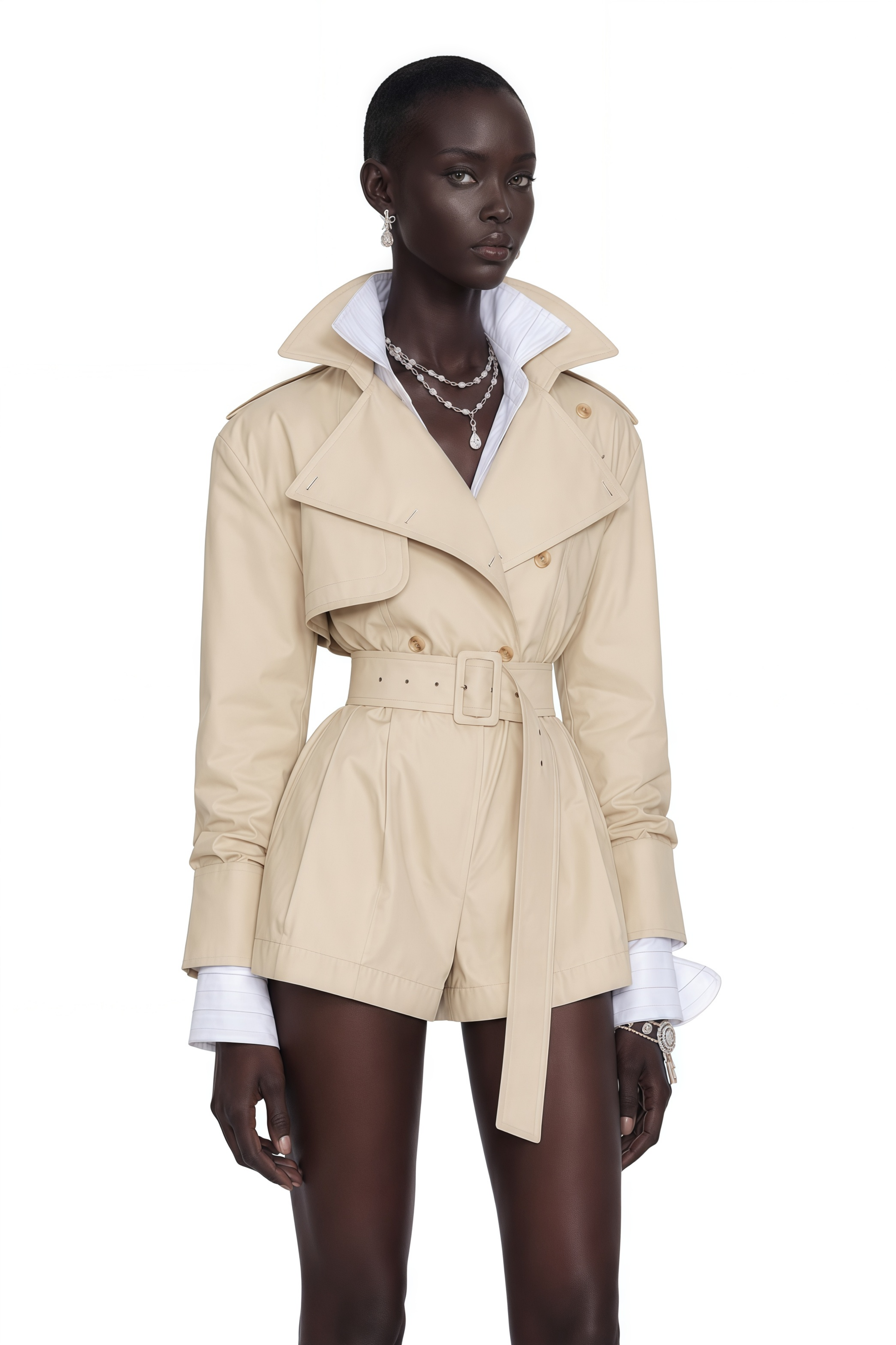 Beige belted trench-style romper with wide lapels