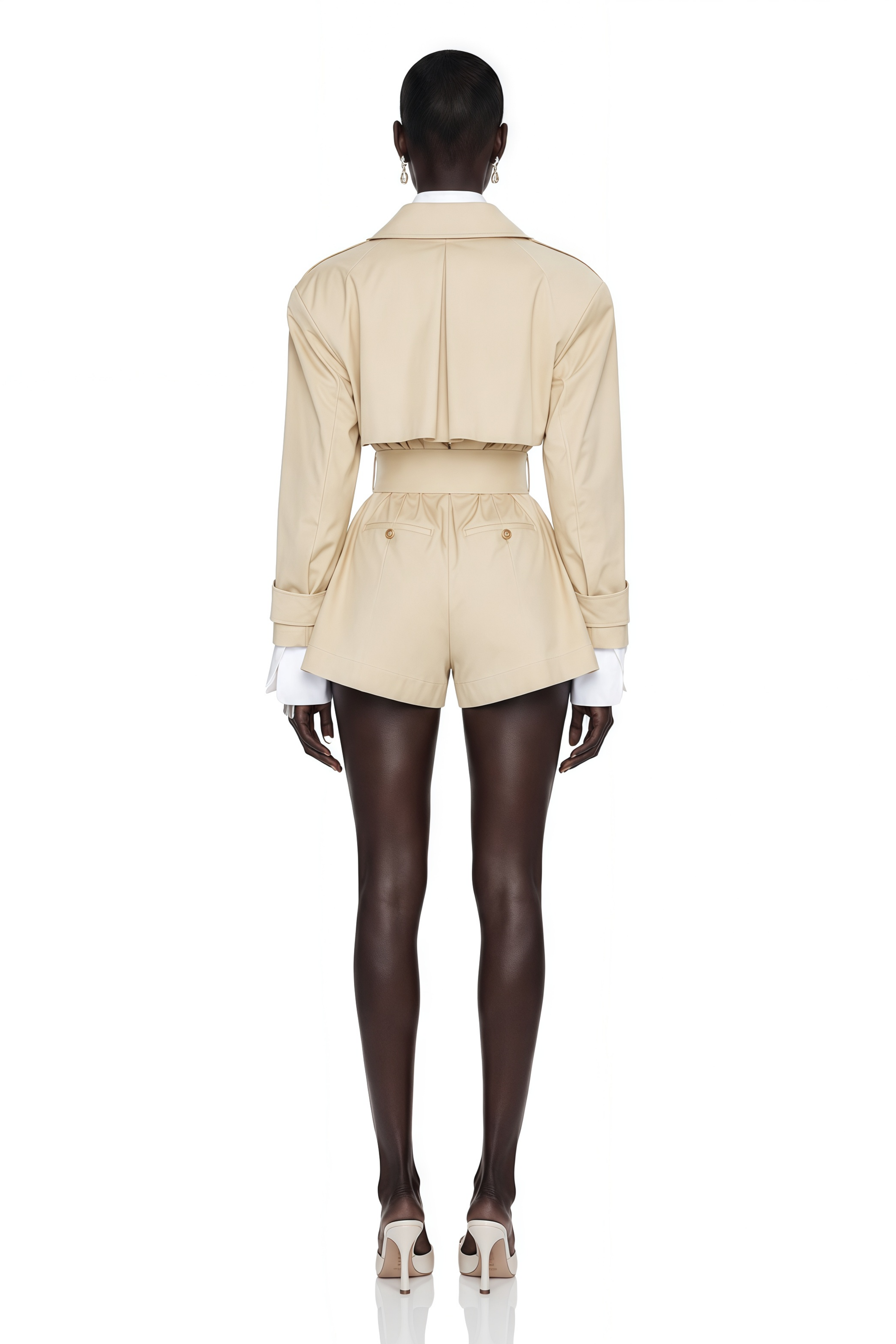Beige belted trench-style romper with wide lapels
