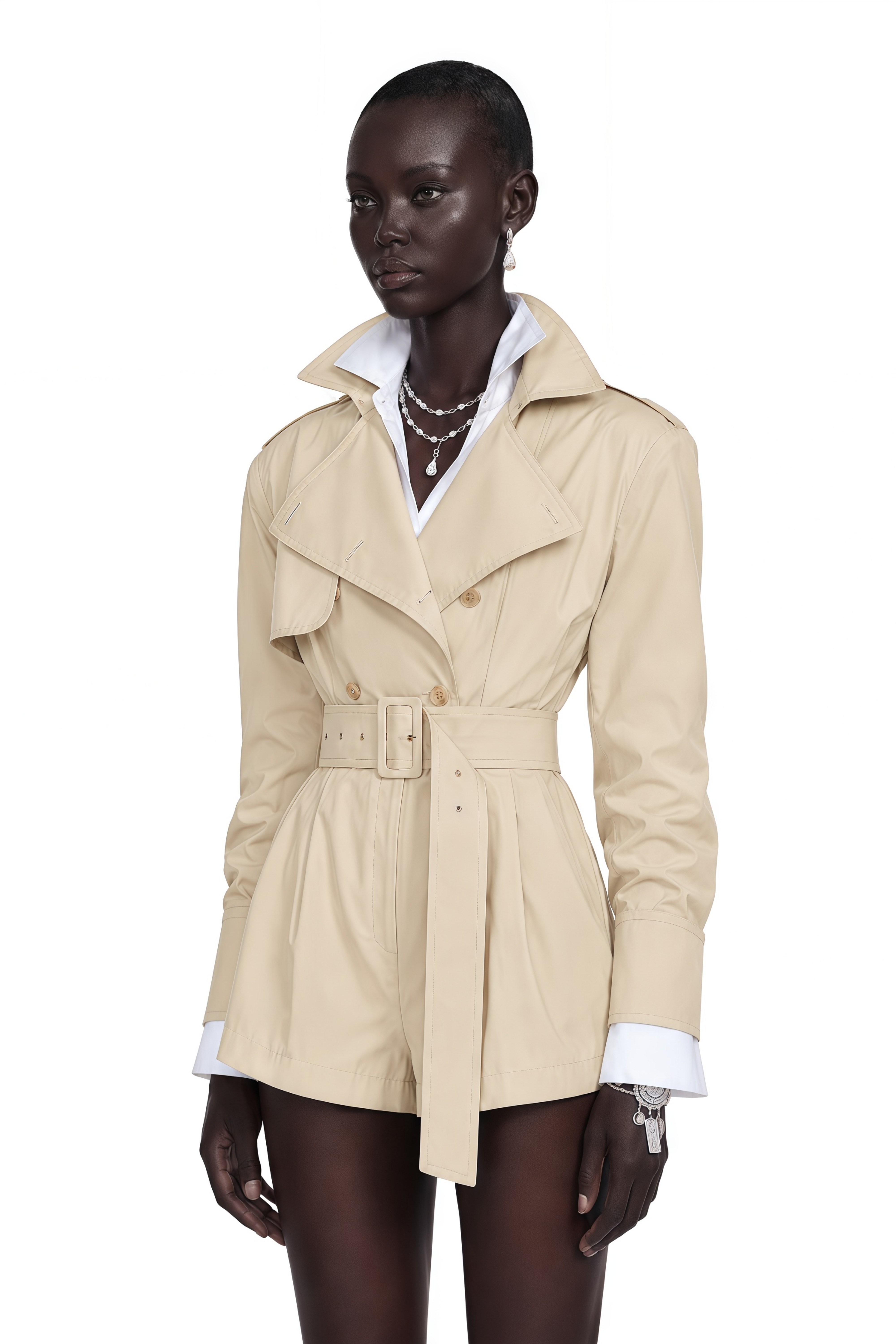 Beige belted trench-style romper with wide lapels