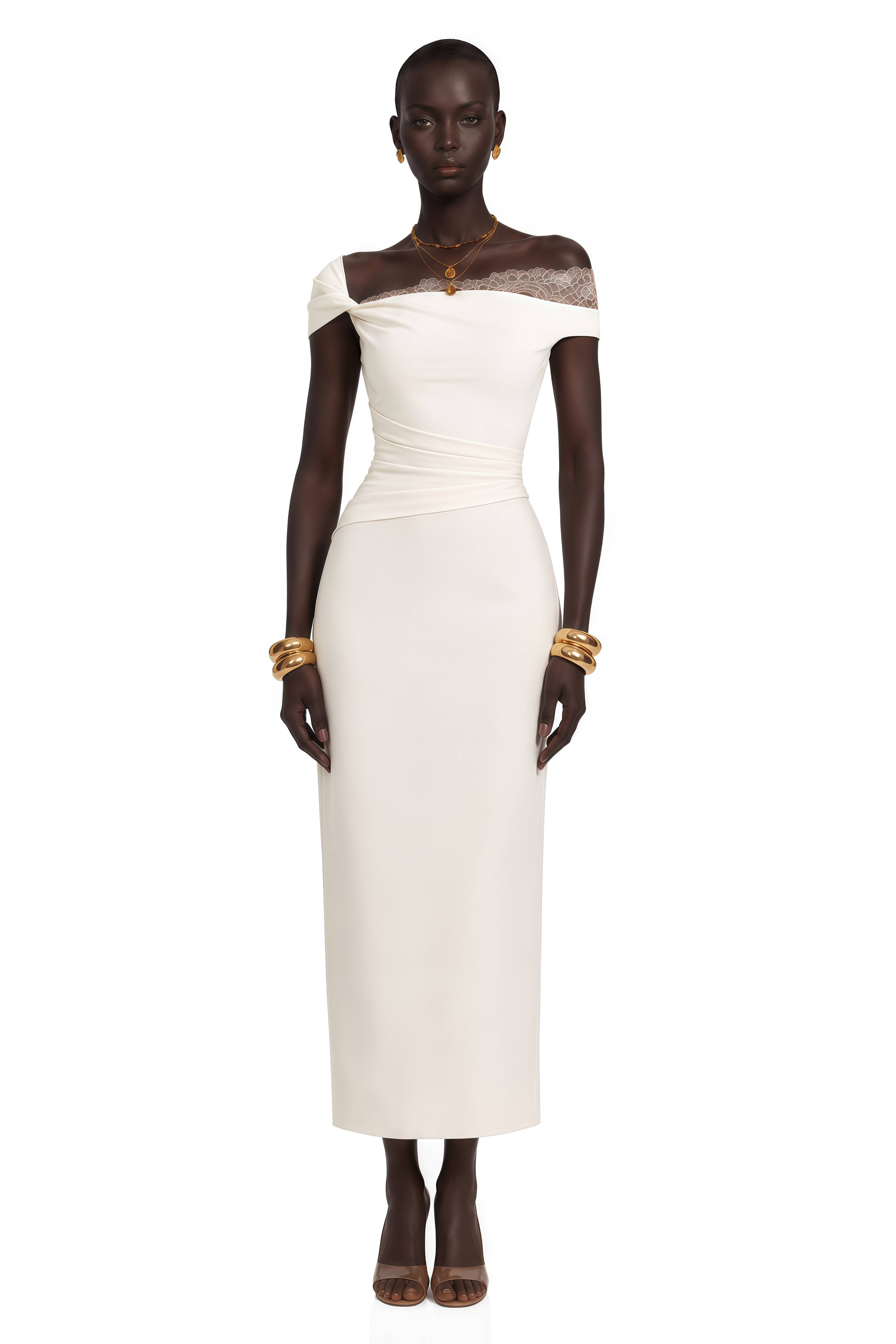 White off-the-shoulder gown with a lace insert and draped waist