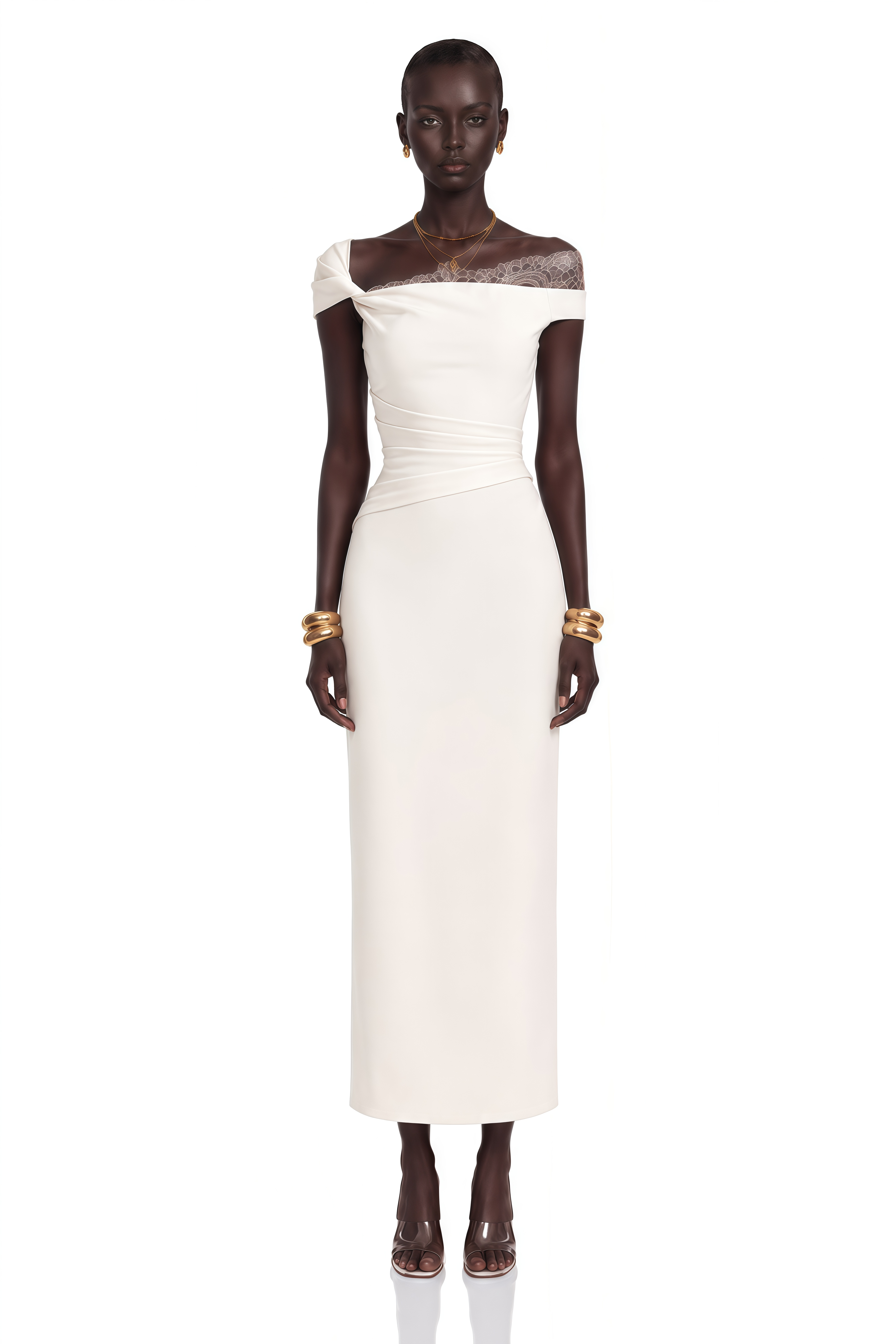 White off-the-shoulder gown with a lace insert and draped waist