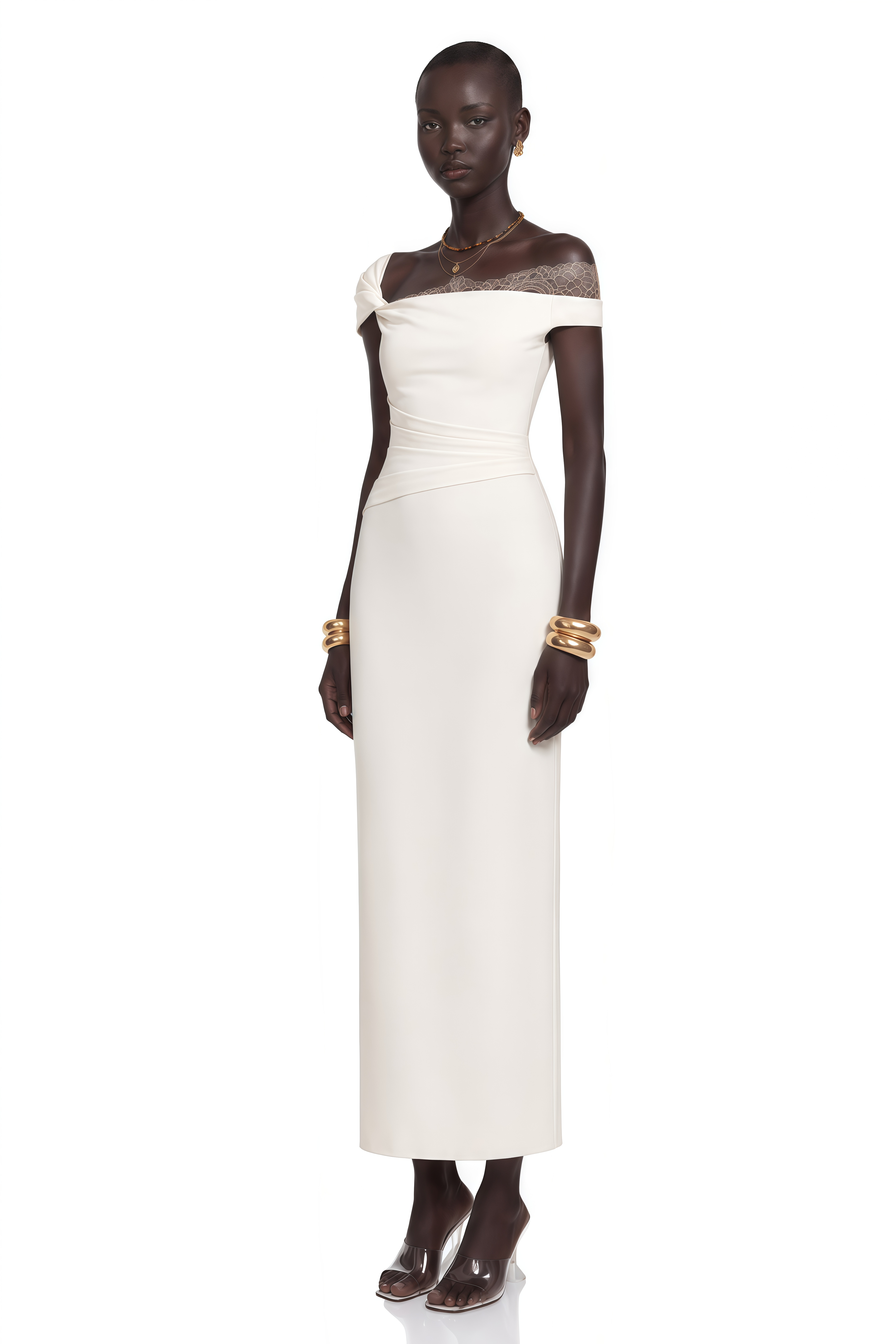 White off-the-shoulder gown with a lace insert and draped waist