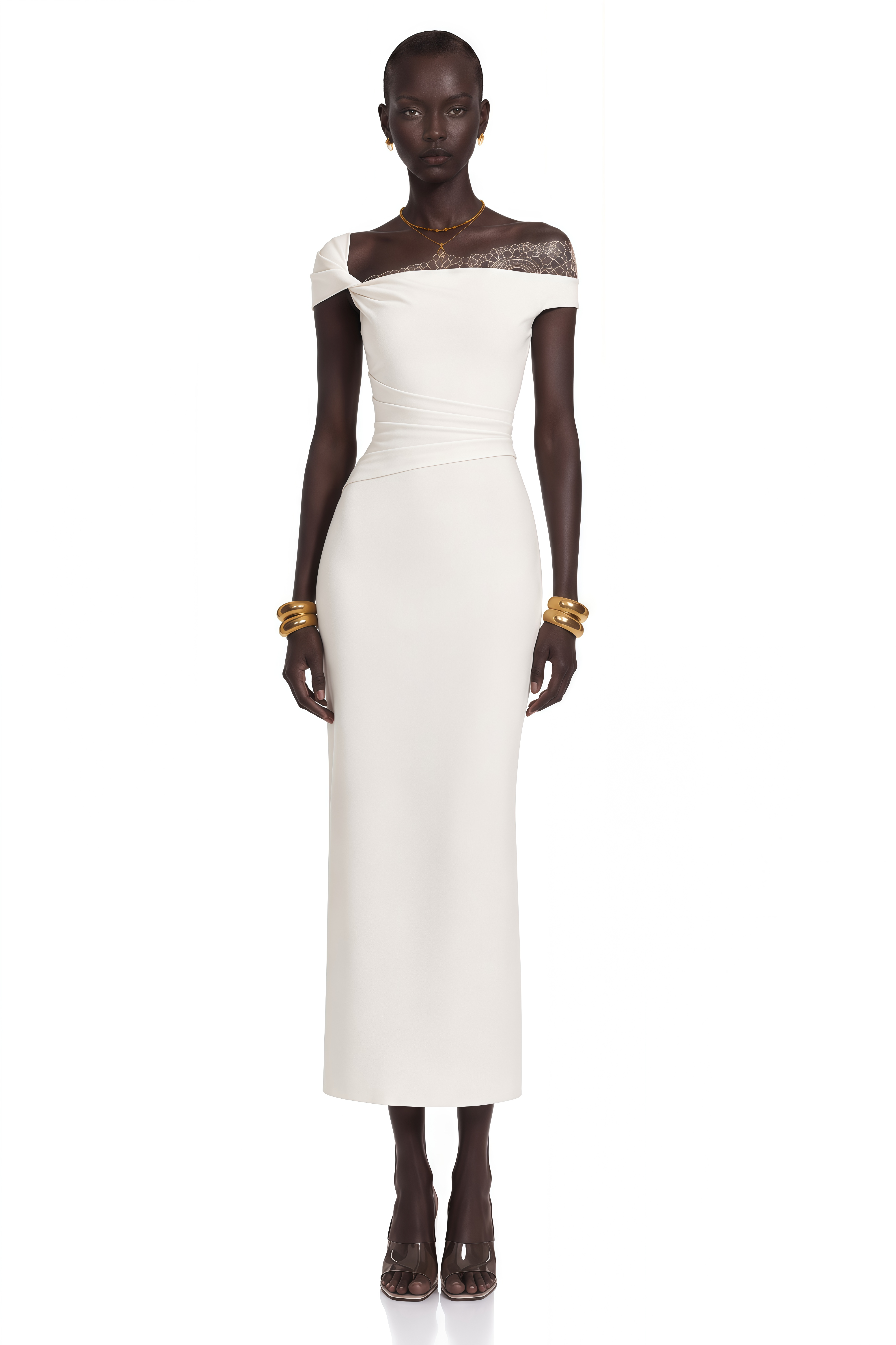 White off-the-shoulder gown with a lace insert and draped waist