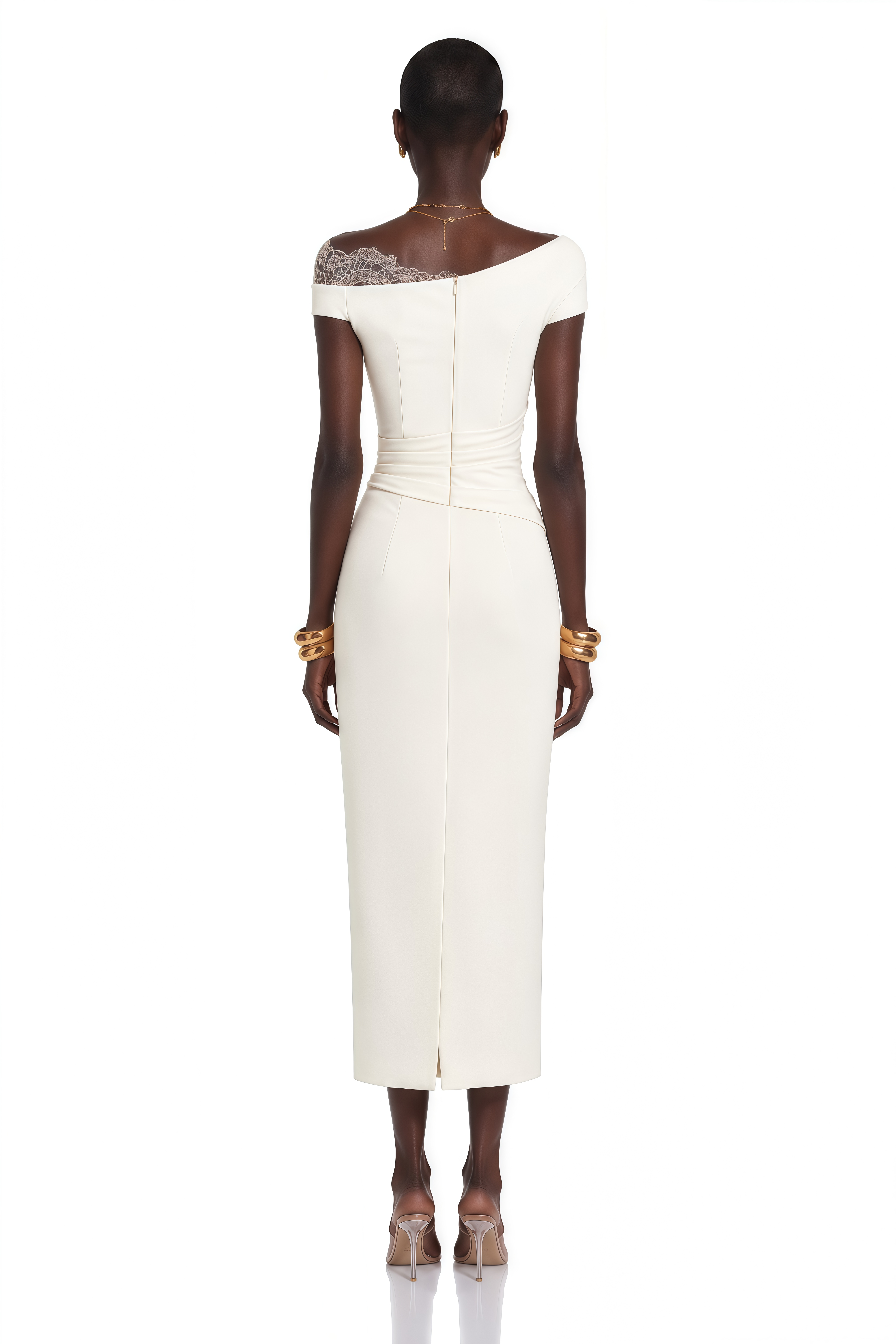 White off-the-shoulder gown with a lace insert and draped waist