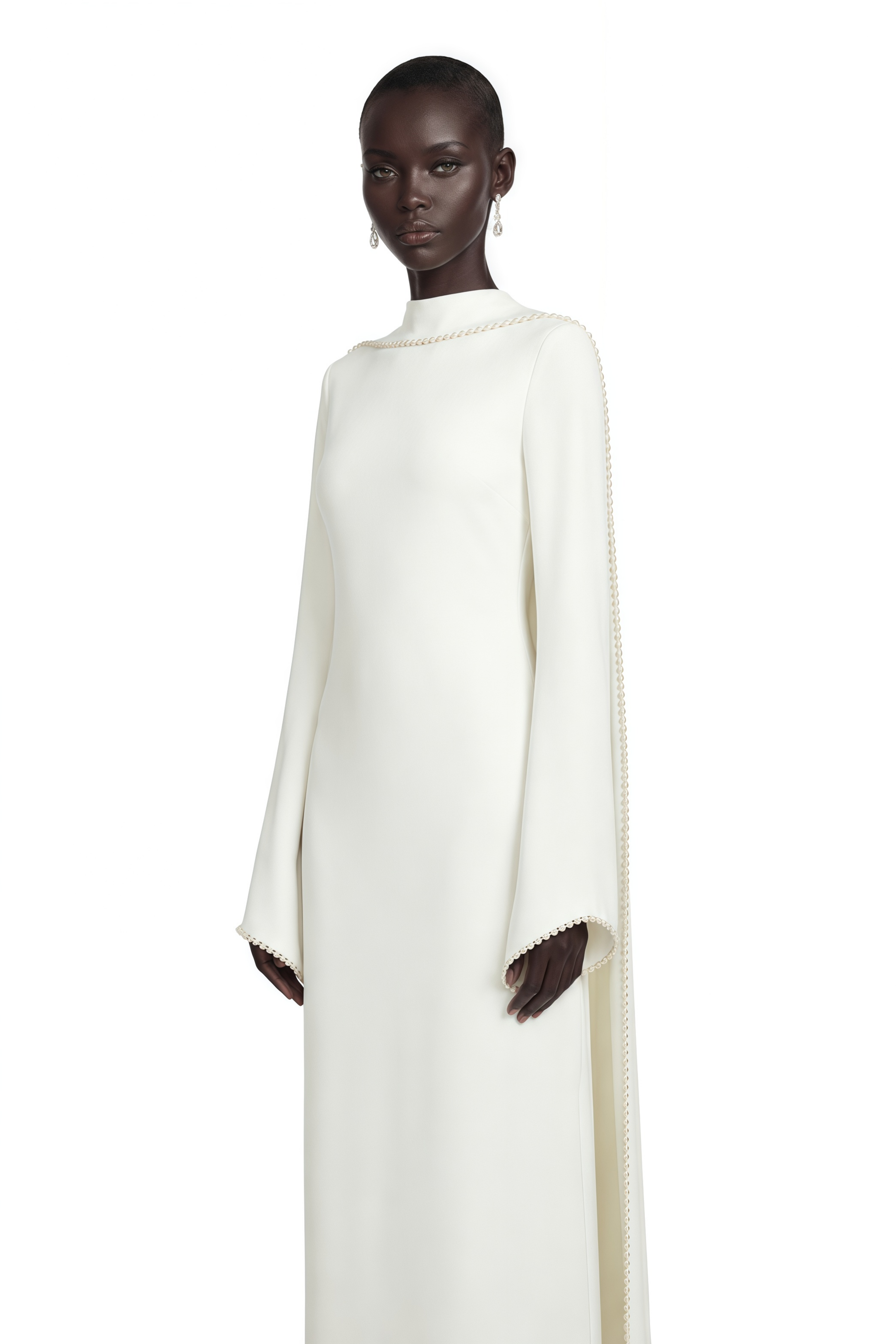 White long-sleeve gown with a high neckline and pearl trim