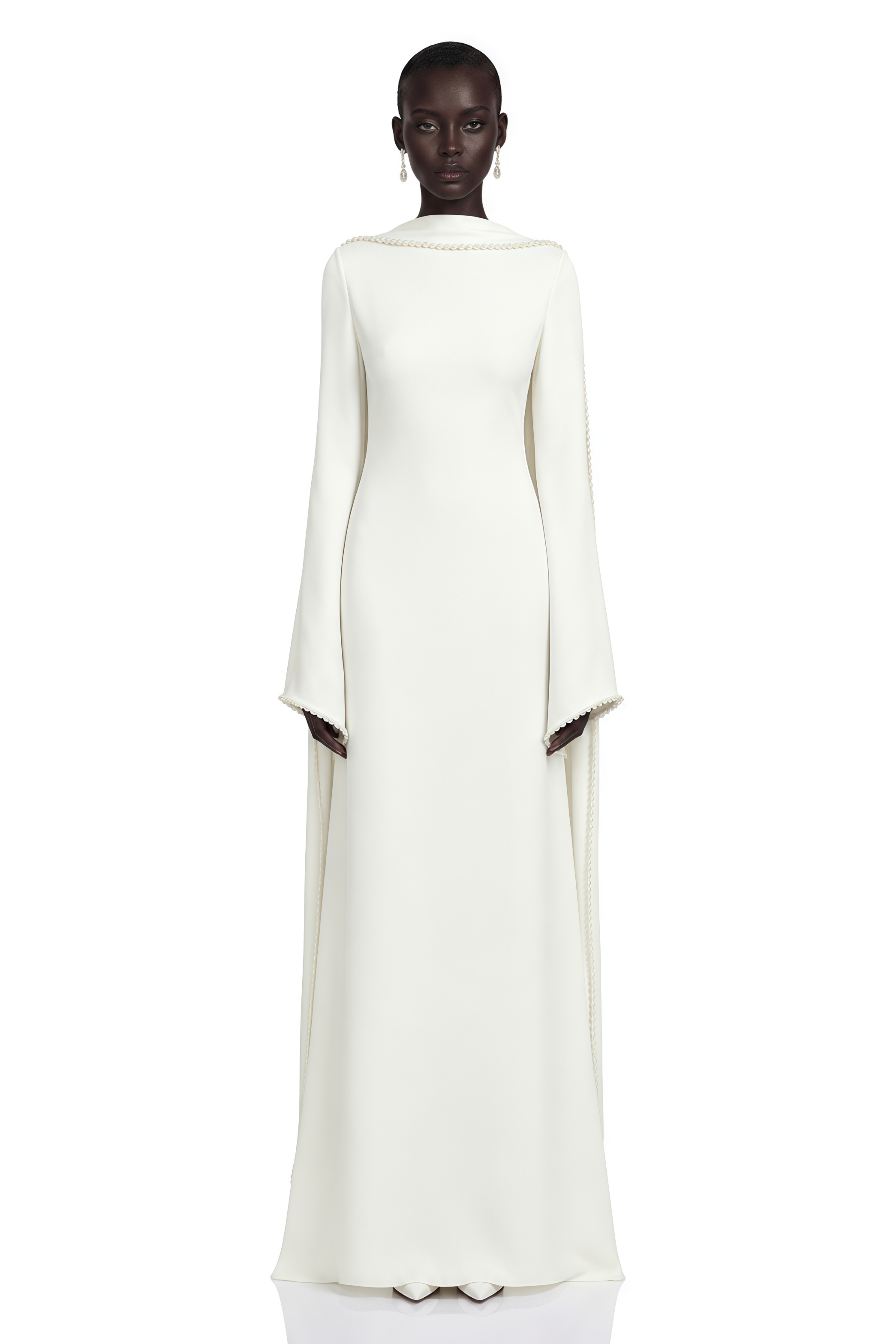 White long-sleeve gown with a high neckline and pearl trim