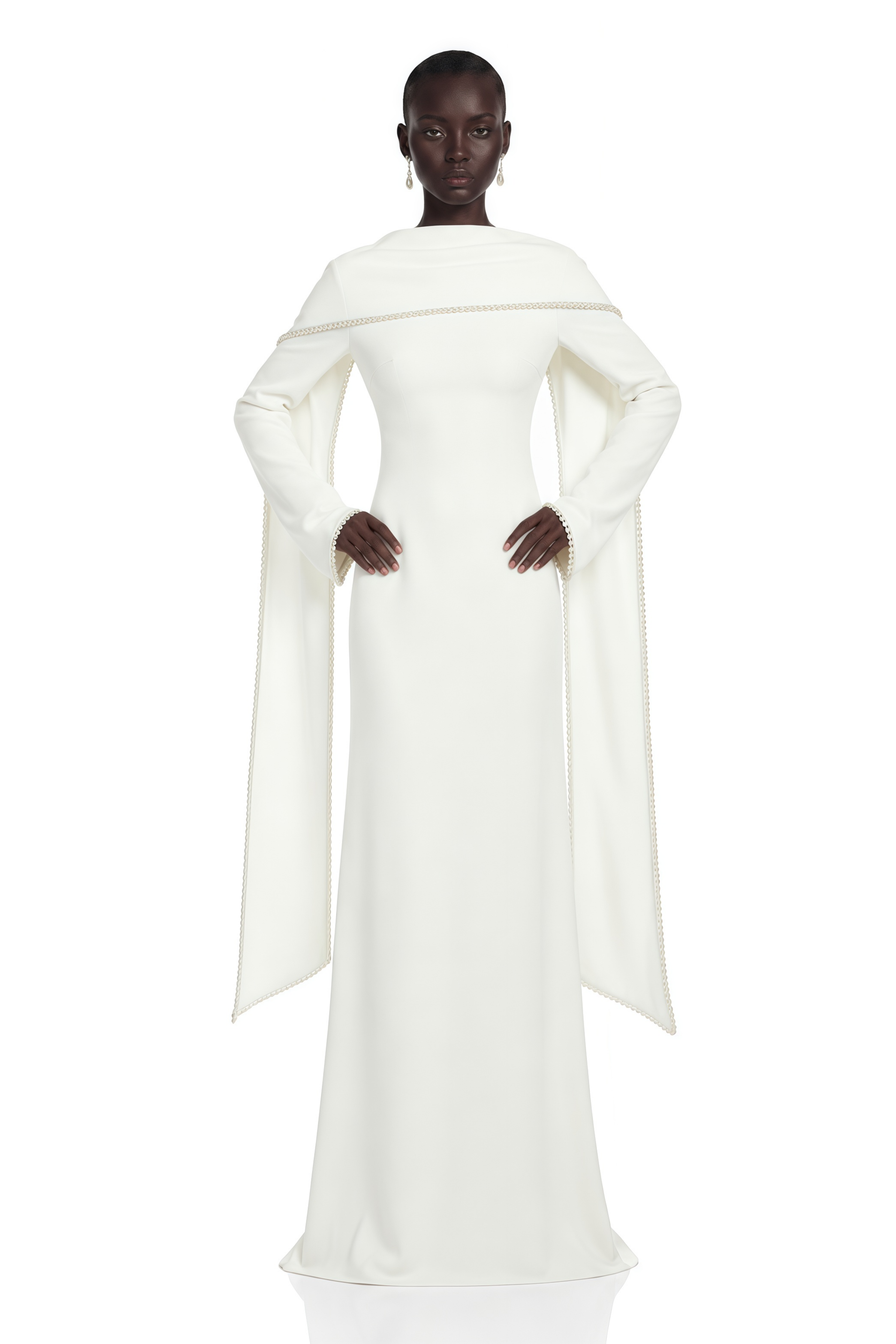 White long-sleeve gown with a high neckline and pearl trim