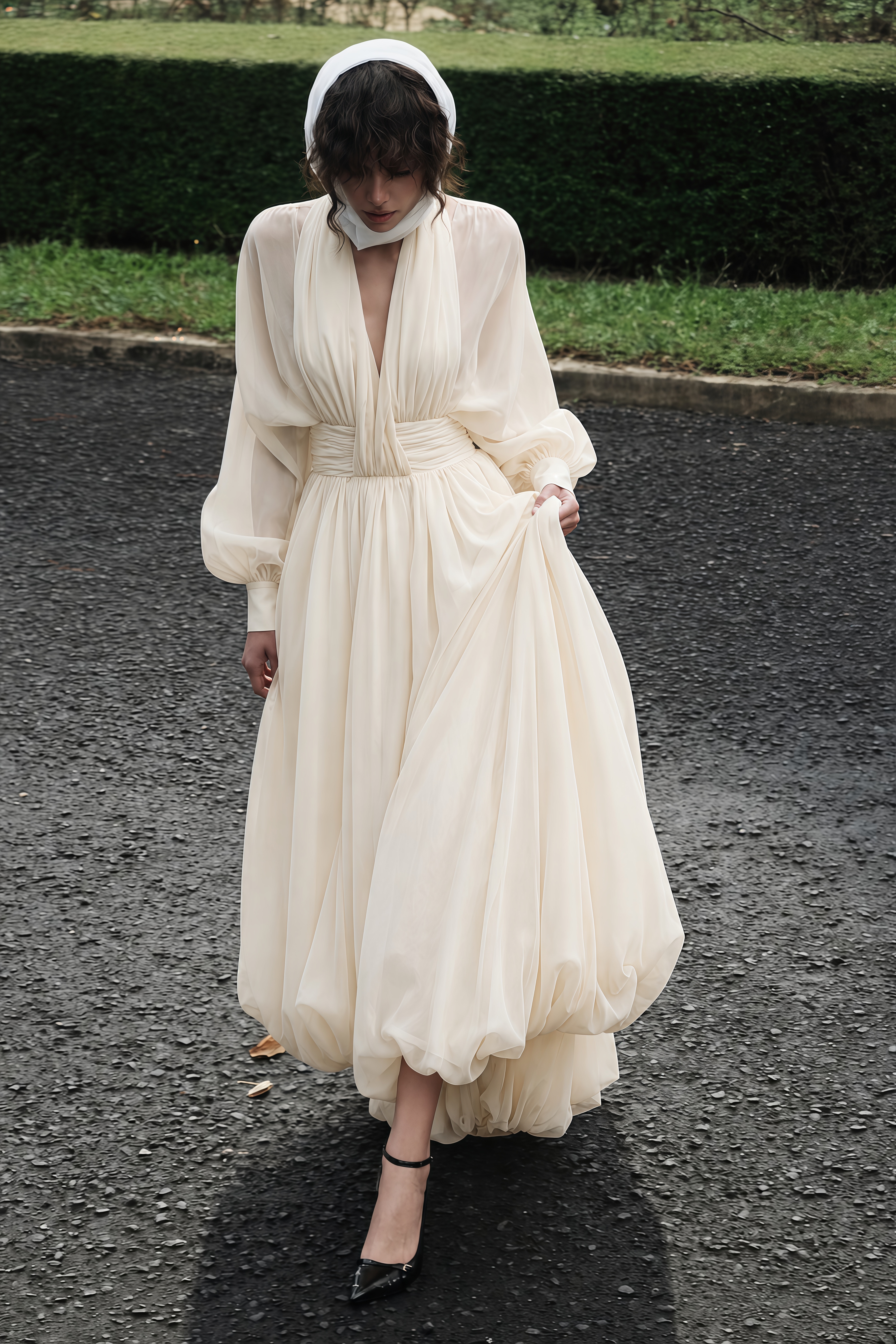 Riley Cream White Draped Tulle Maxi Dress