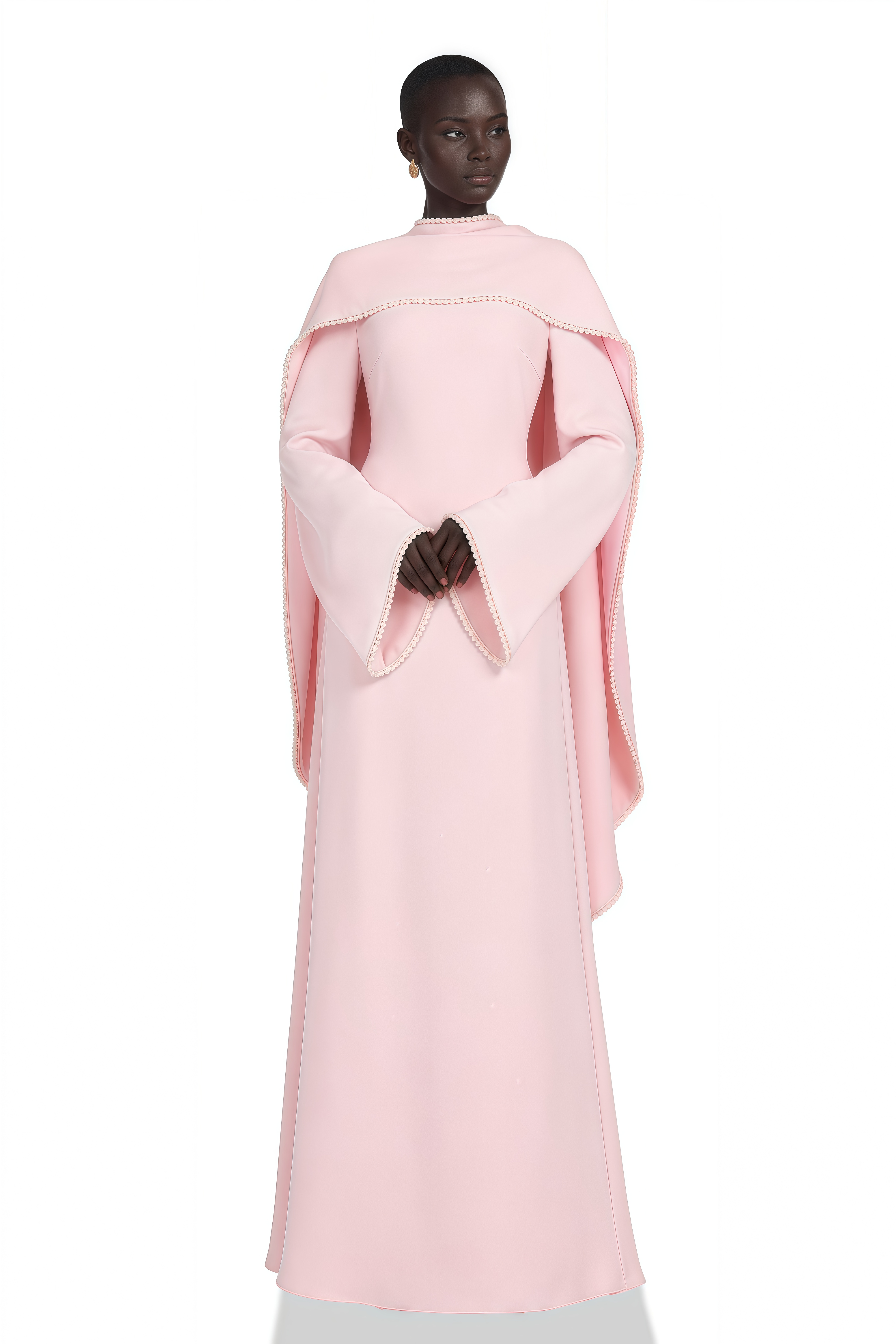 Pale pink long-sleeve maxi dress with a matching beaded cape overlay