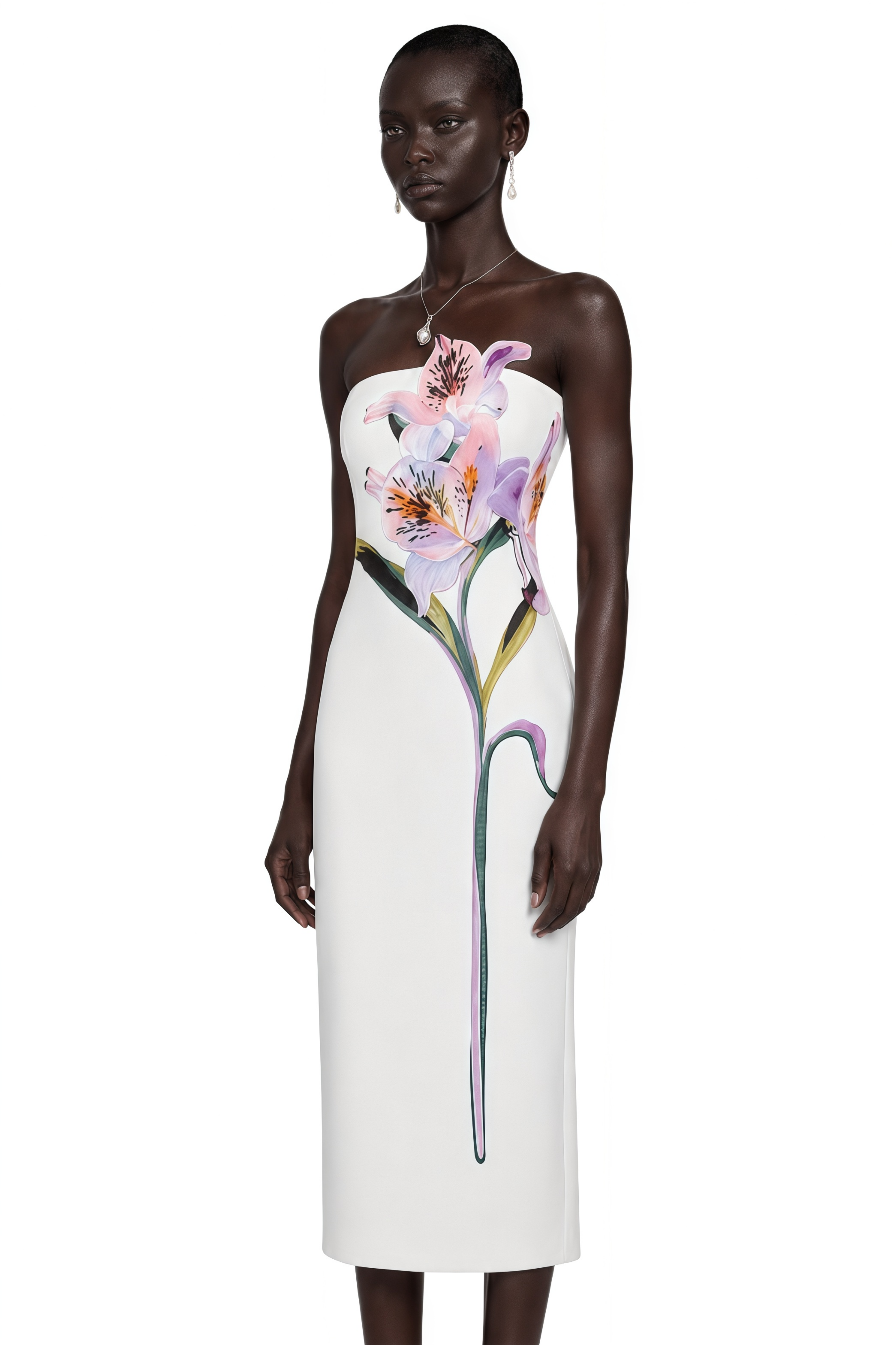 White strapless column gown with a large painted floral graphic