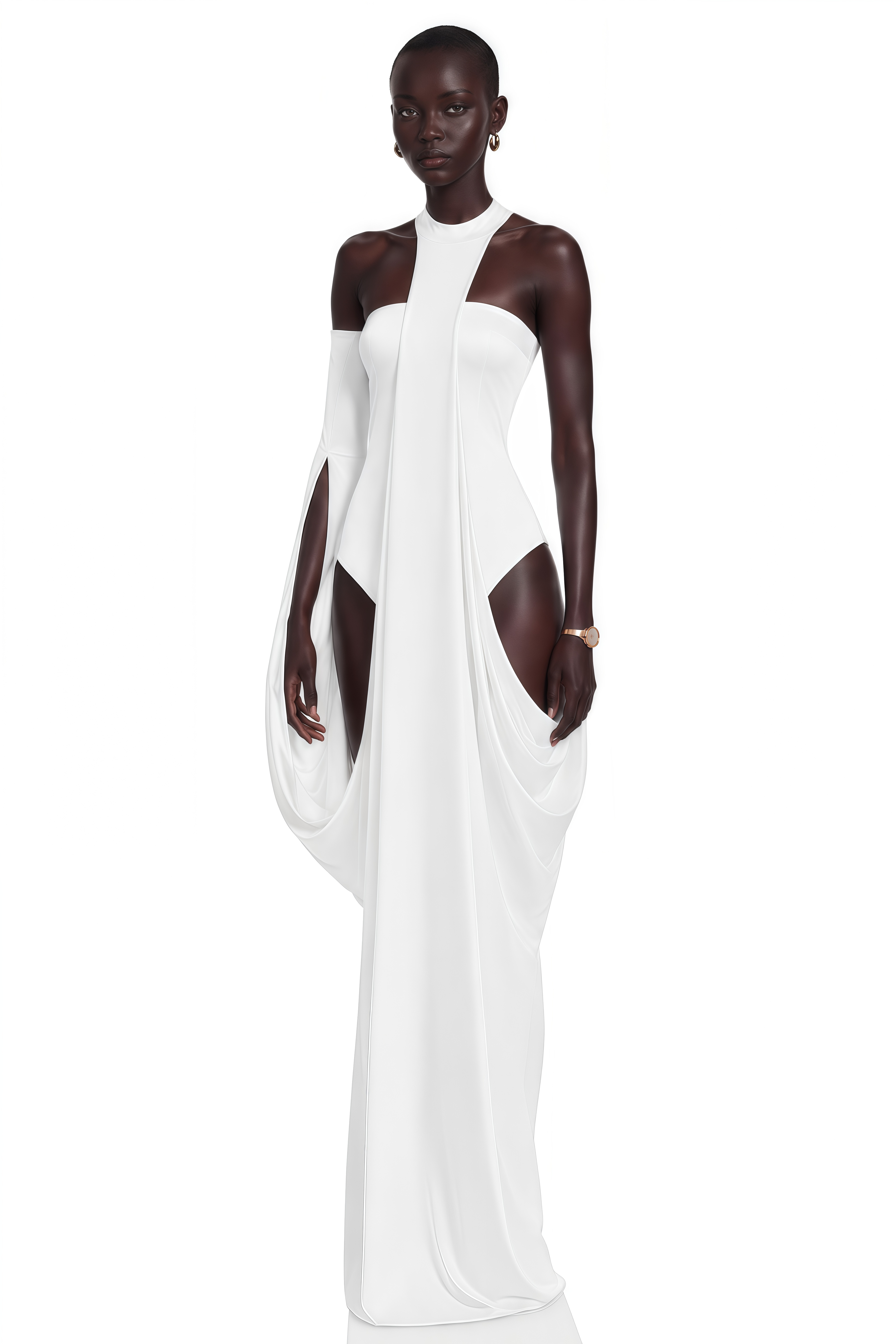 White halter-neck maxi dress with a draped panel skirt and high leg cutouts