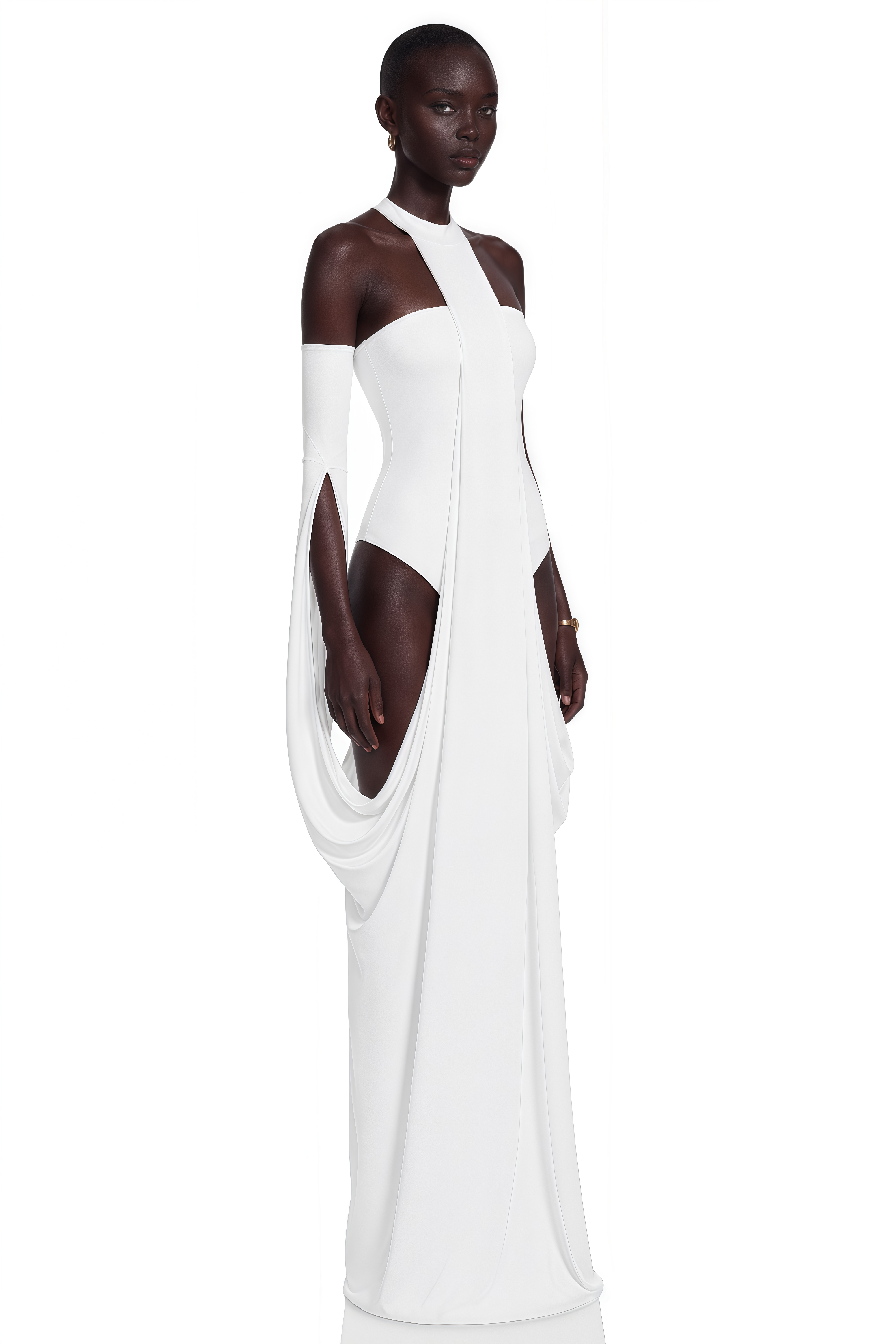 White halter-neck maxi dress with a draped panel skirt and high leg cutouts