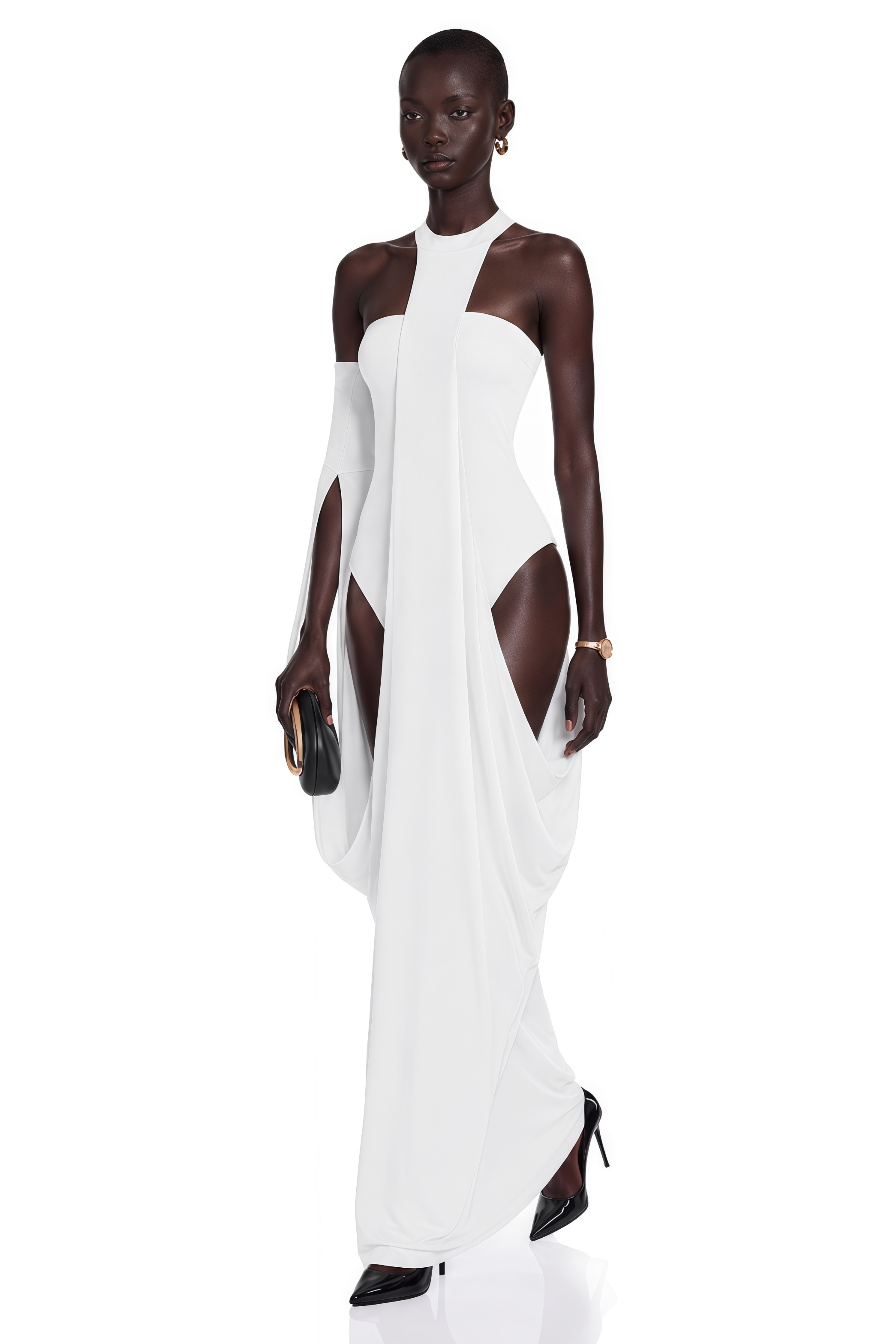 White halter-neck maxi dress with a draped panel skirt and high leg cutouts