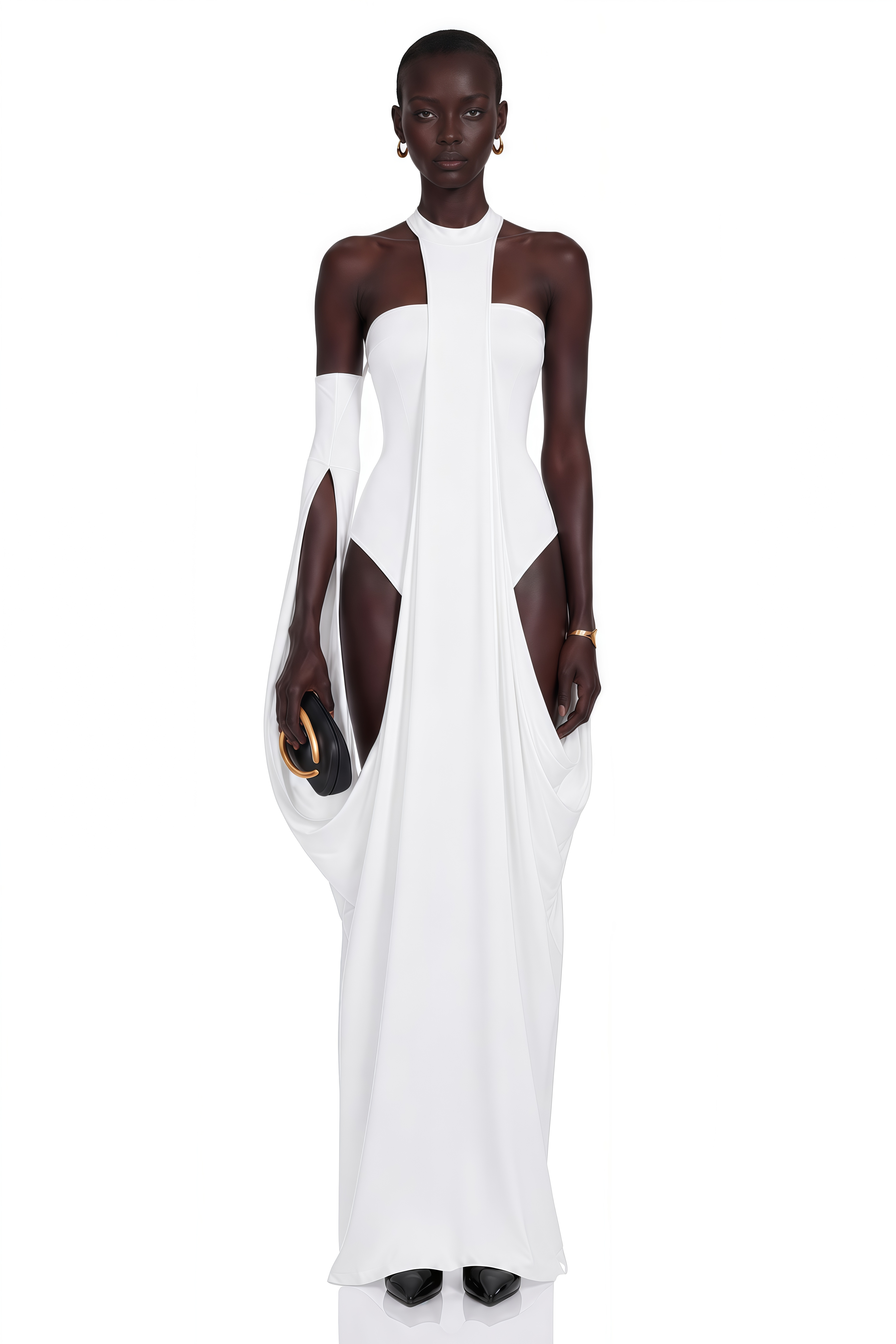 White halter-neck maxi dress with a draped panel skirt and high leg cutouts
