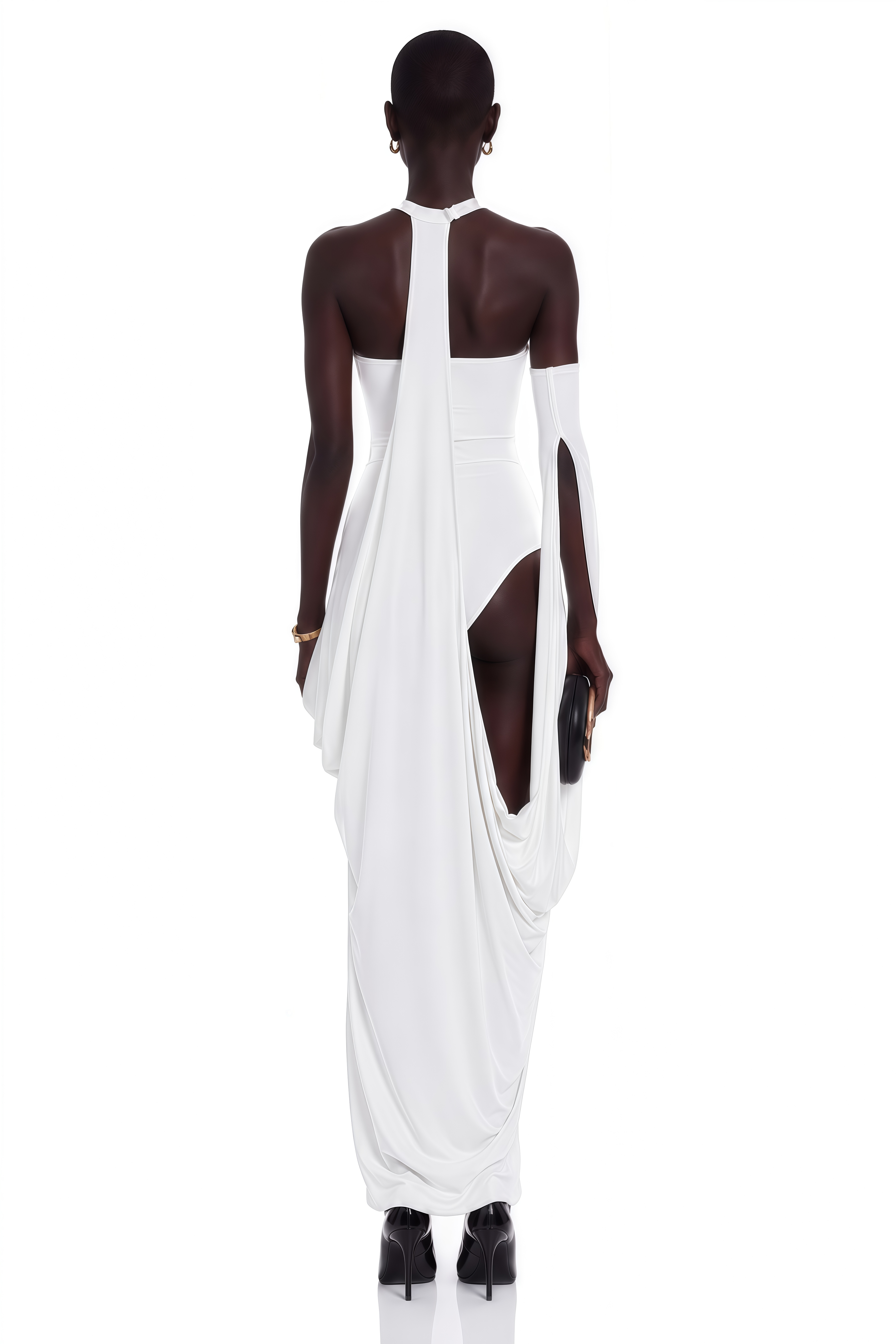 White halter-neck maxi dress with a draped panel skirt and high leg cutouts