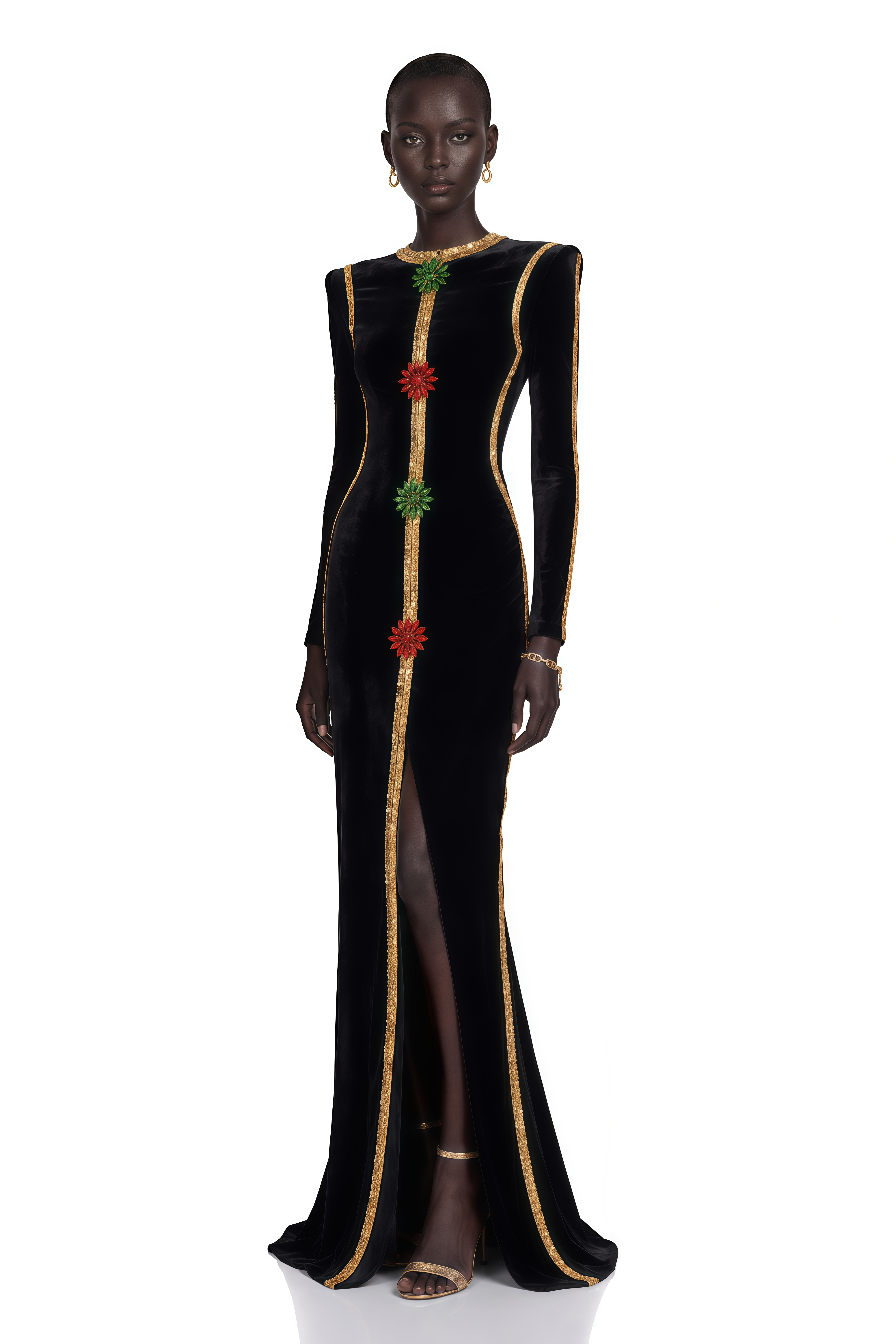 Black velvet long-sleeve maxi dress with gold trim and embroidered floral accents