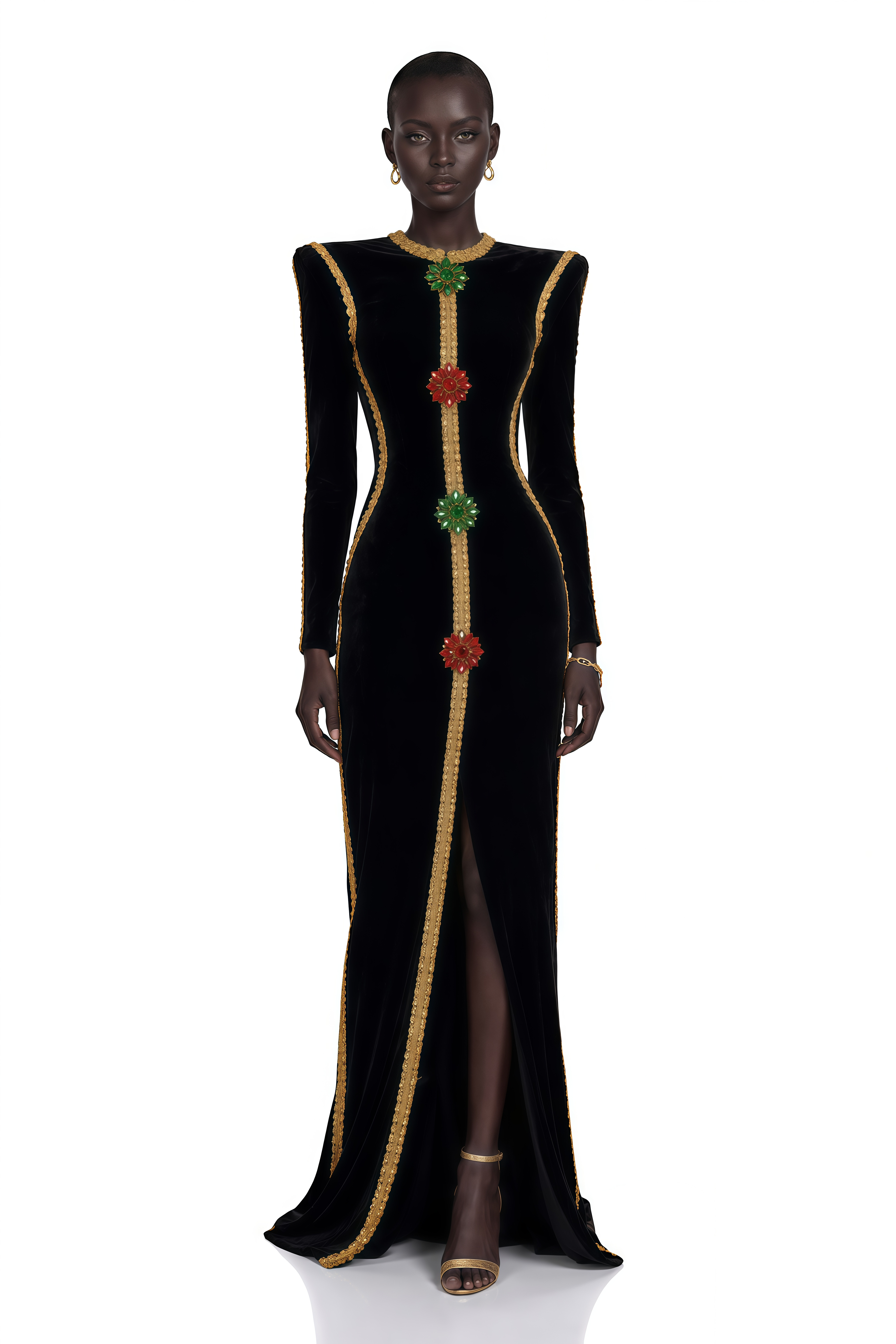 Black velvet long-sleeve maxi dress with gold trim and embroidered floral accents