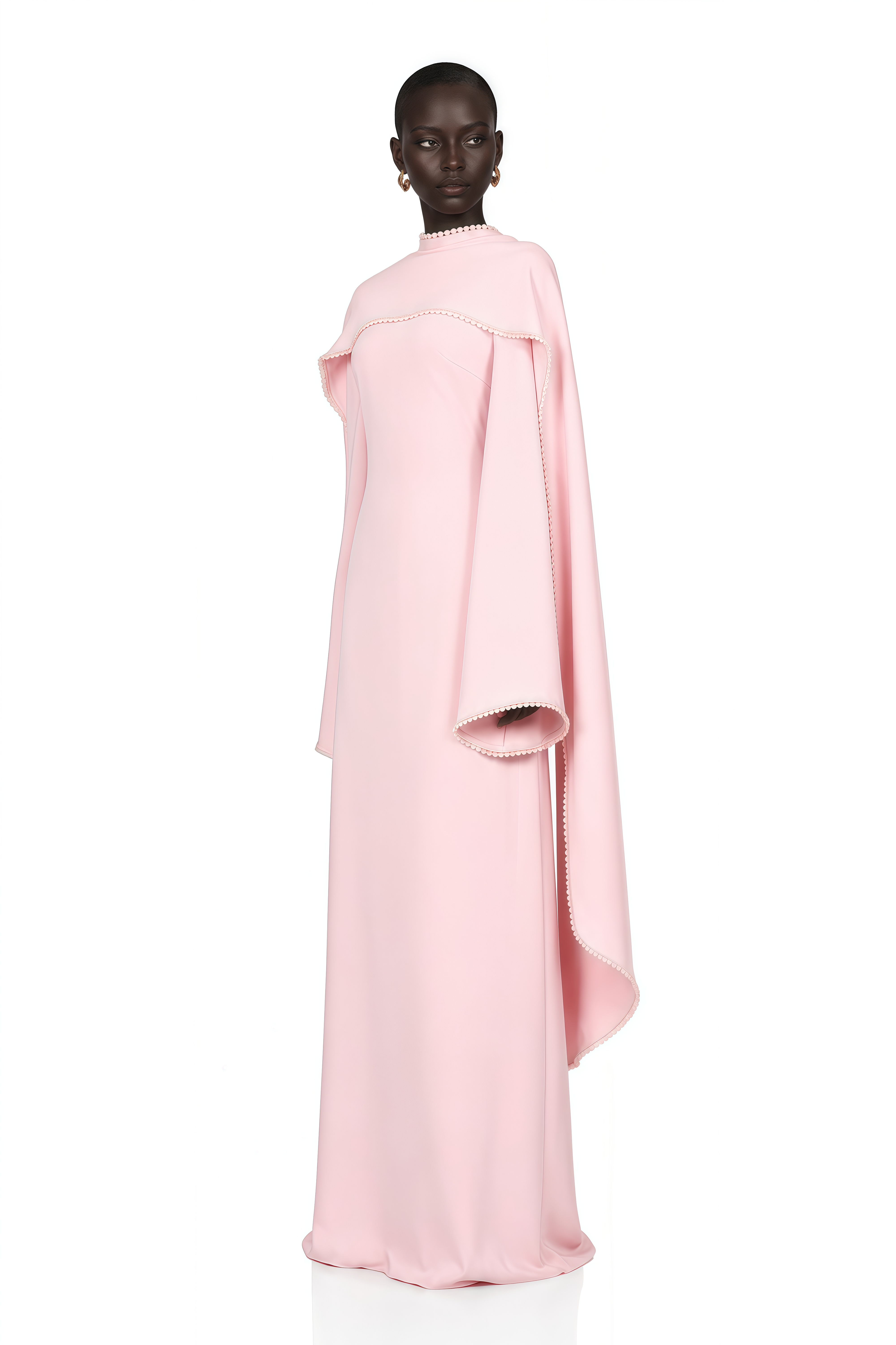 Pale pink long-sleeve maxi dress with a matching beaded cape overlay