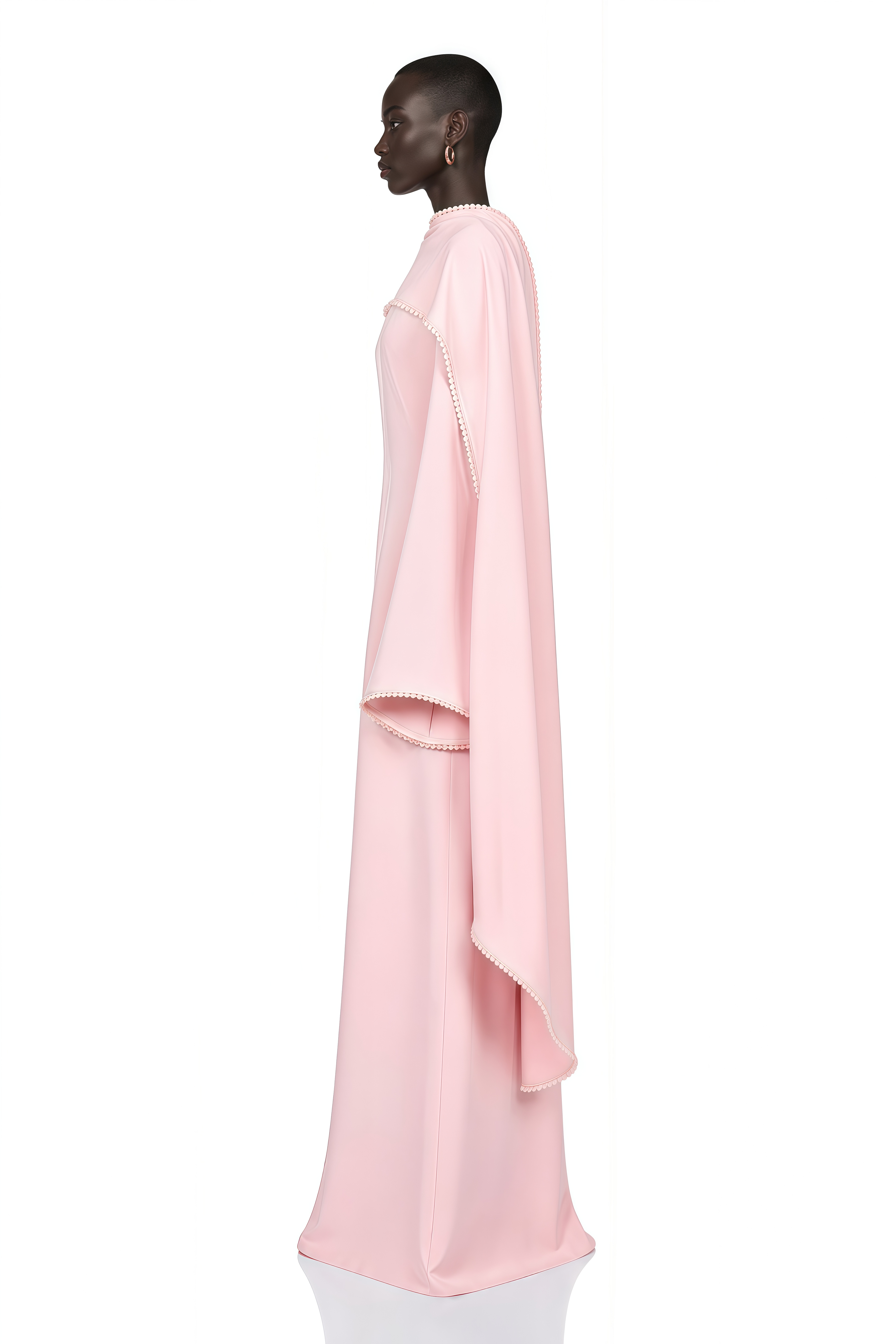 Pale pink long-sleeve maxi dress with a matching beaded cape overlay